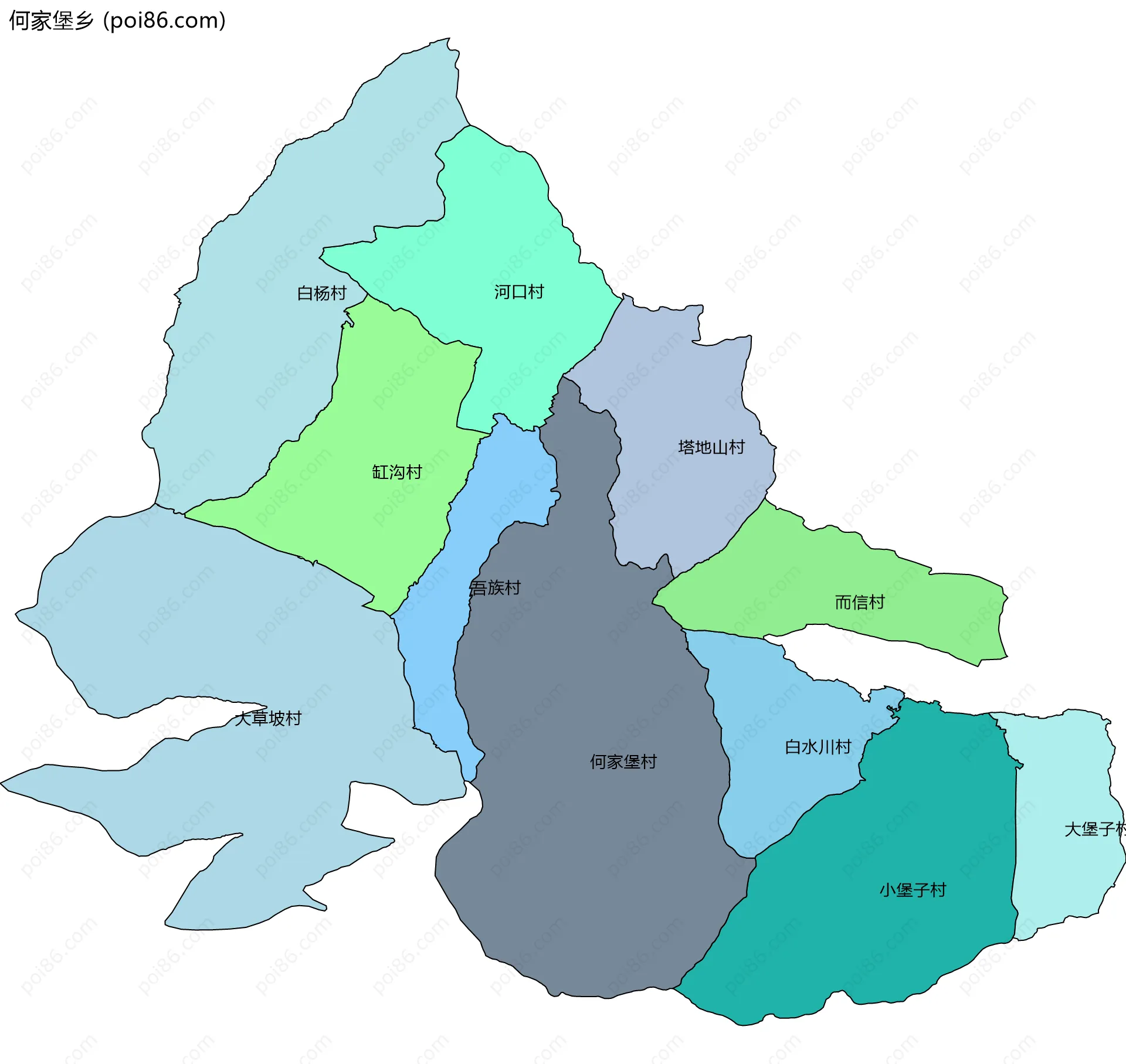 何家堡乡边界地图(五级行政区划)