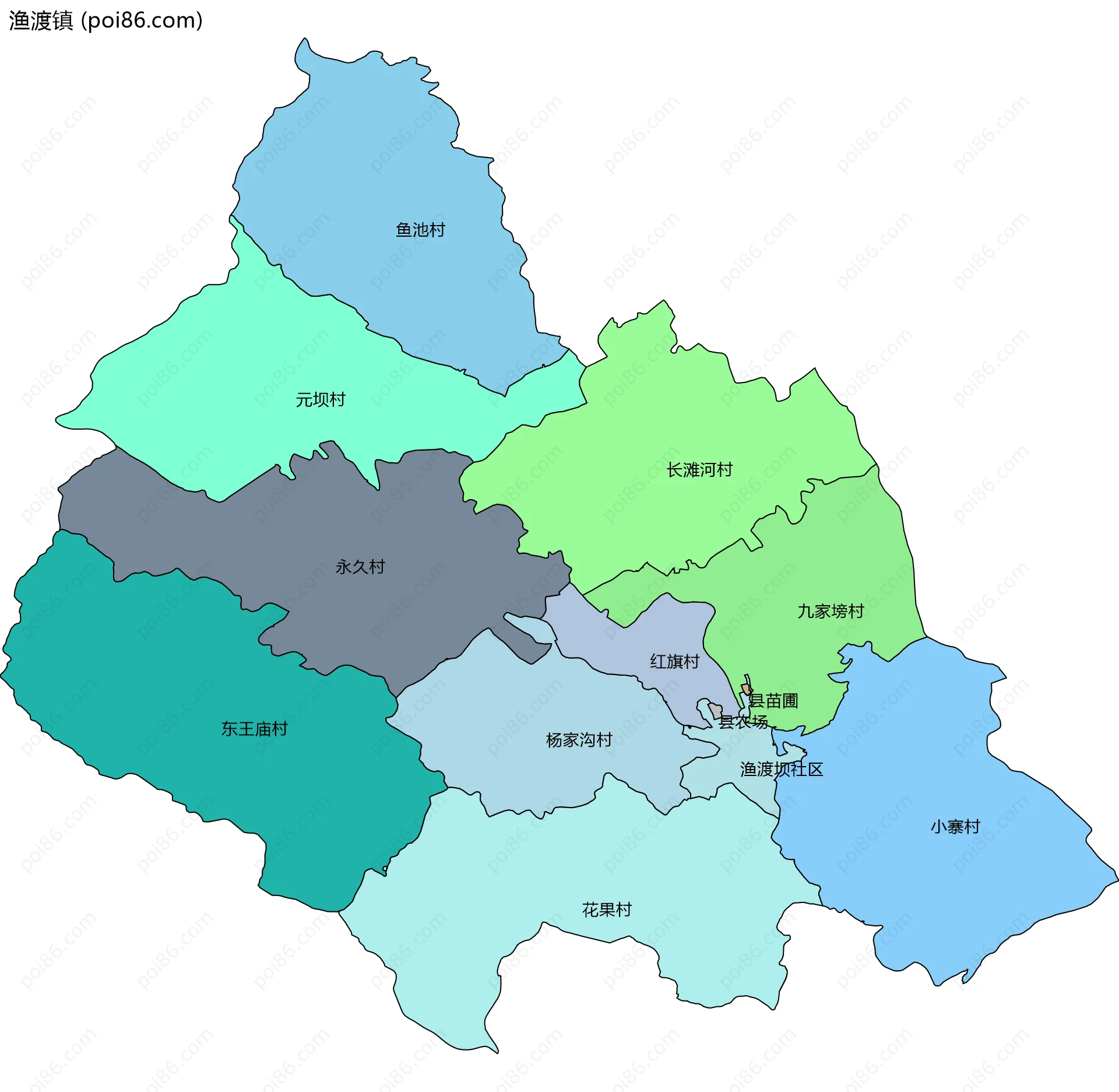 渔渡镇边界地图(五级行政区划)