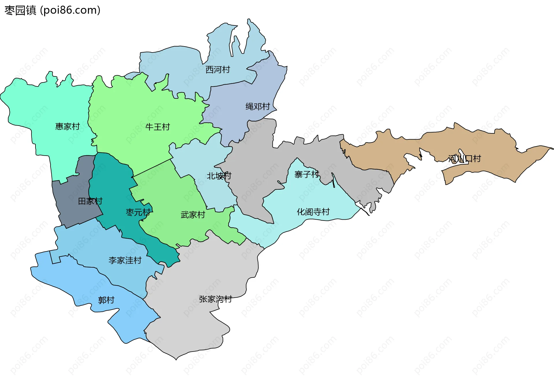 枣园镇边界地图(五级行政区划)