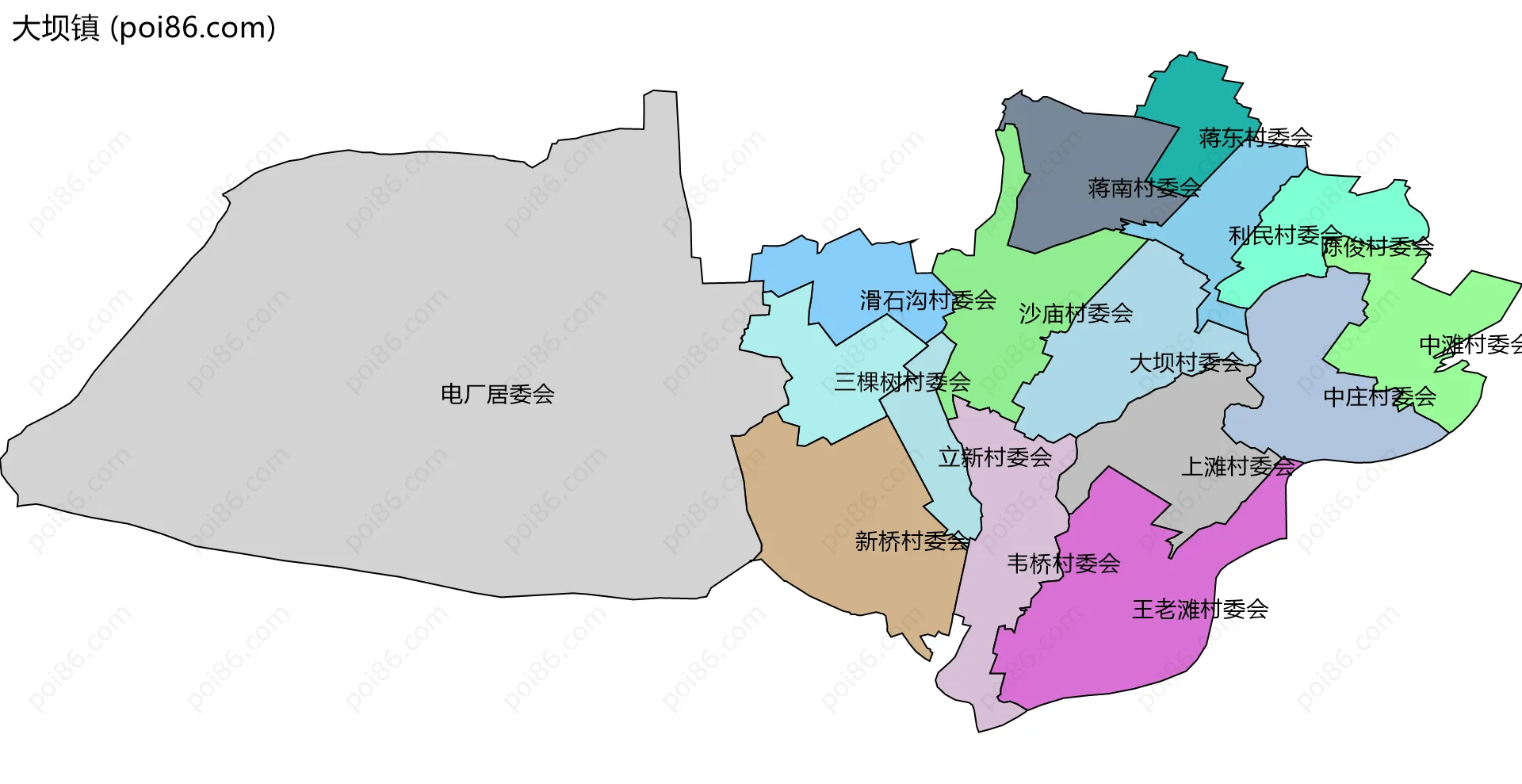 大坝镇边界地图(五级行政区划)