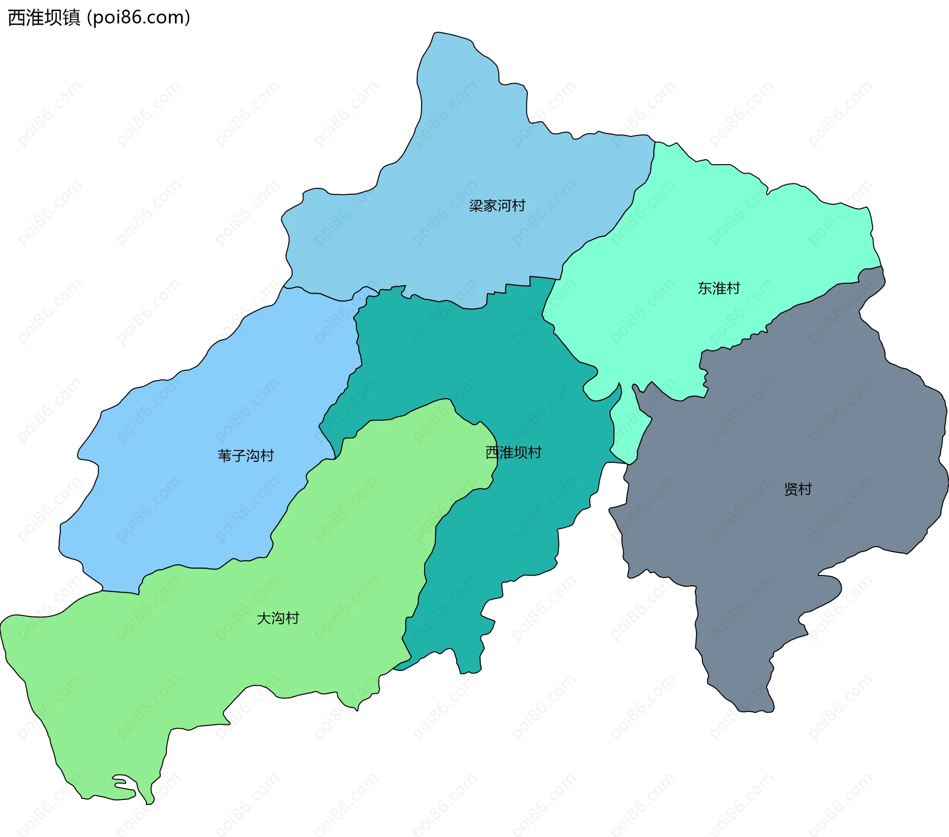 西淮坝镇边界地图(五级行政区划)