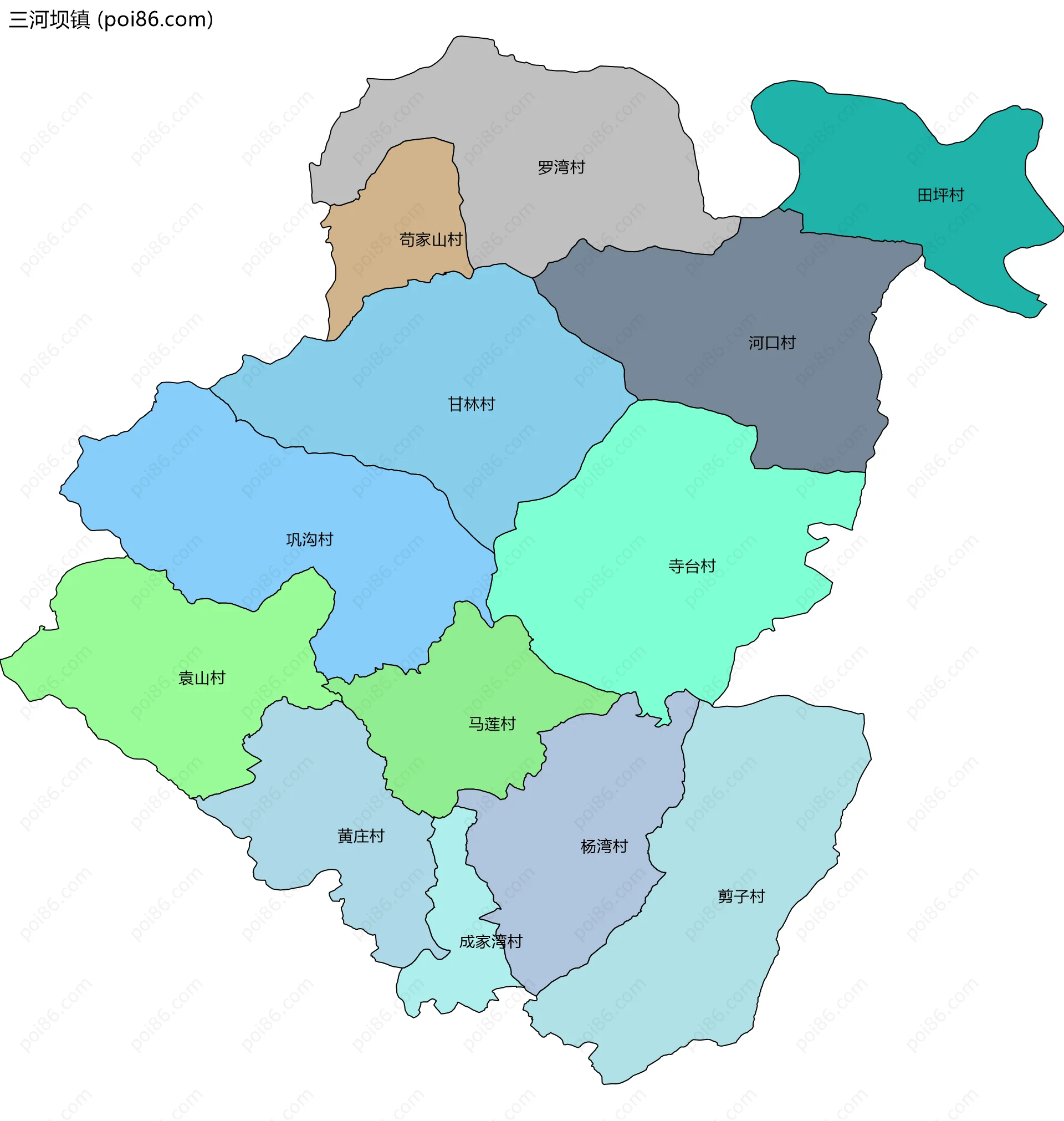 三河坝镇边界地图(五级行政区划)
