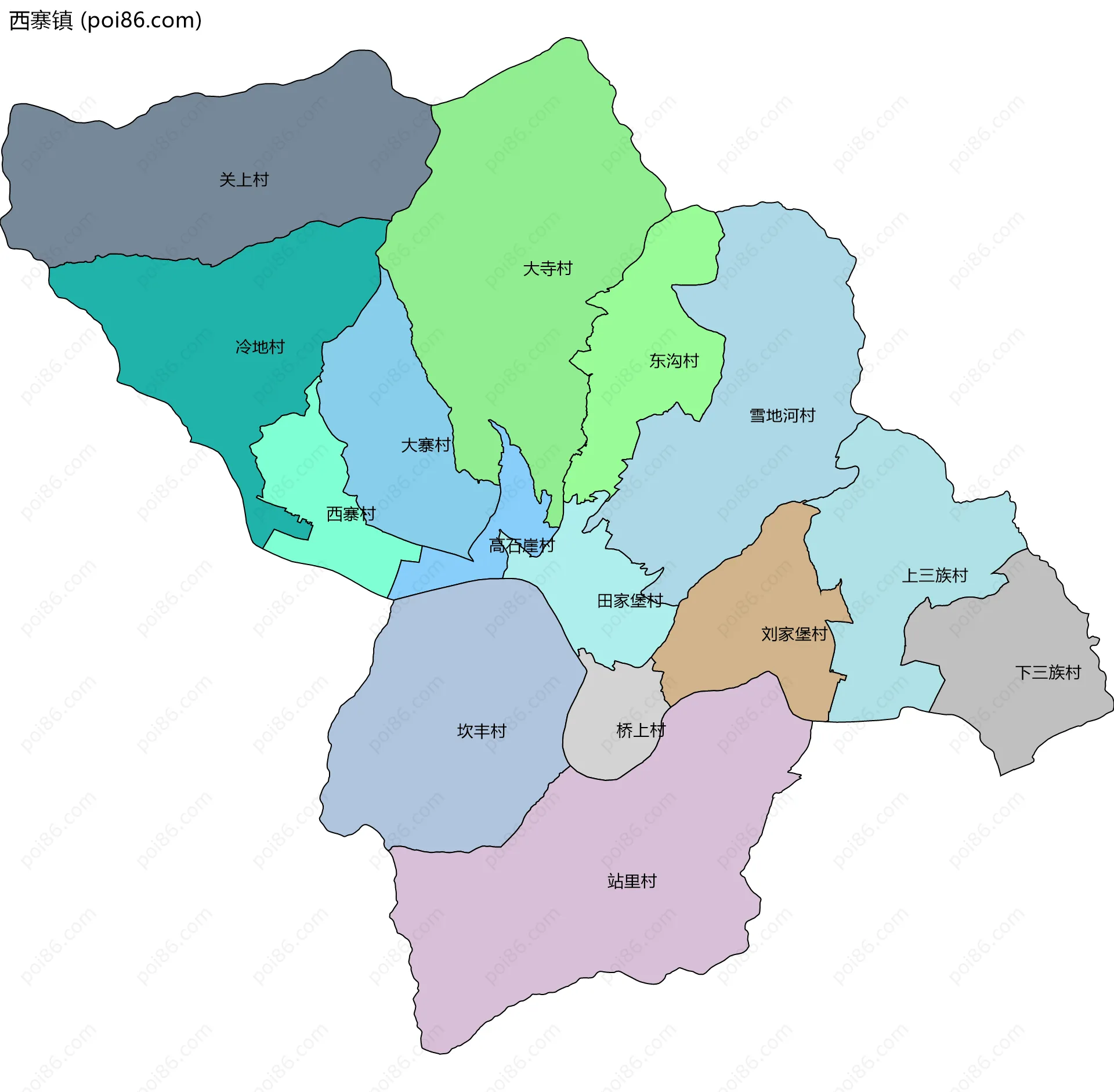 西寨镇边界地图(五级行政区划)