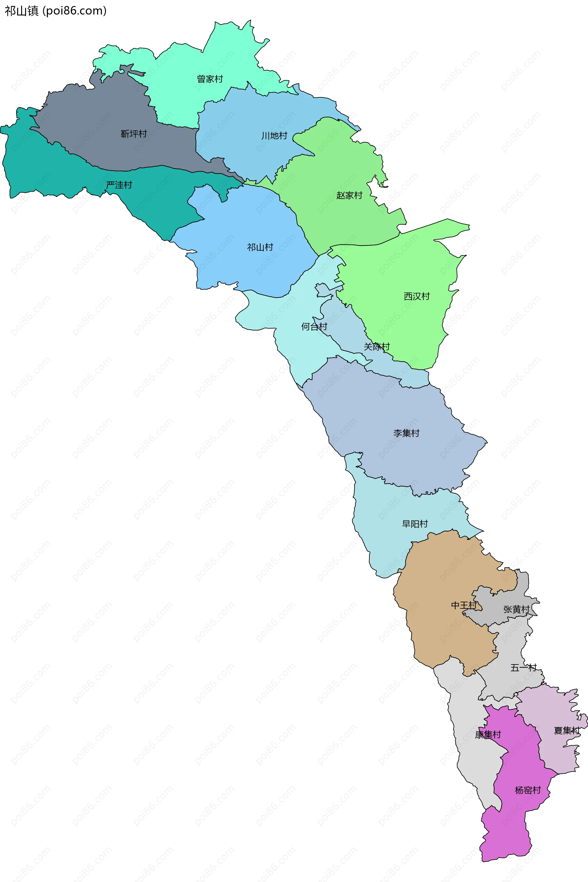 祁山镇边界地图(五级行政区划)