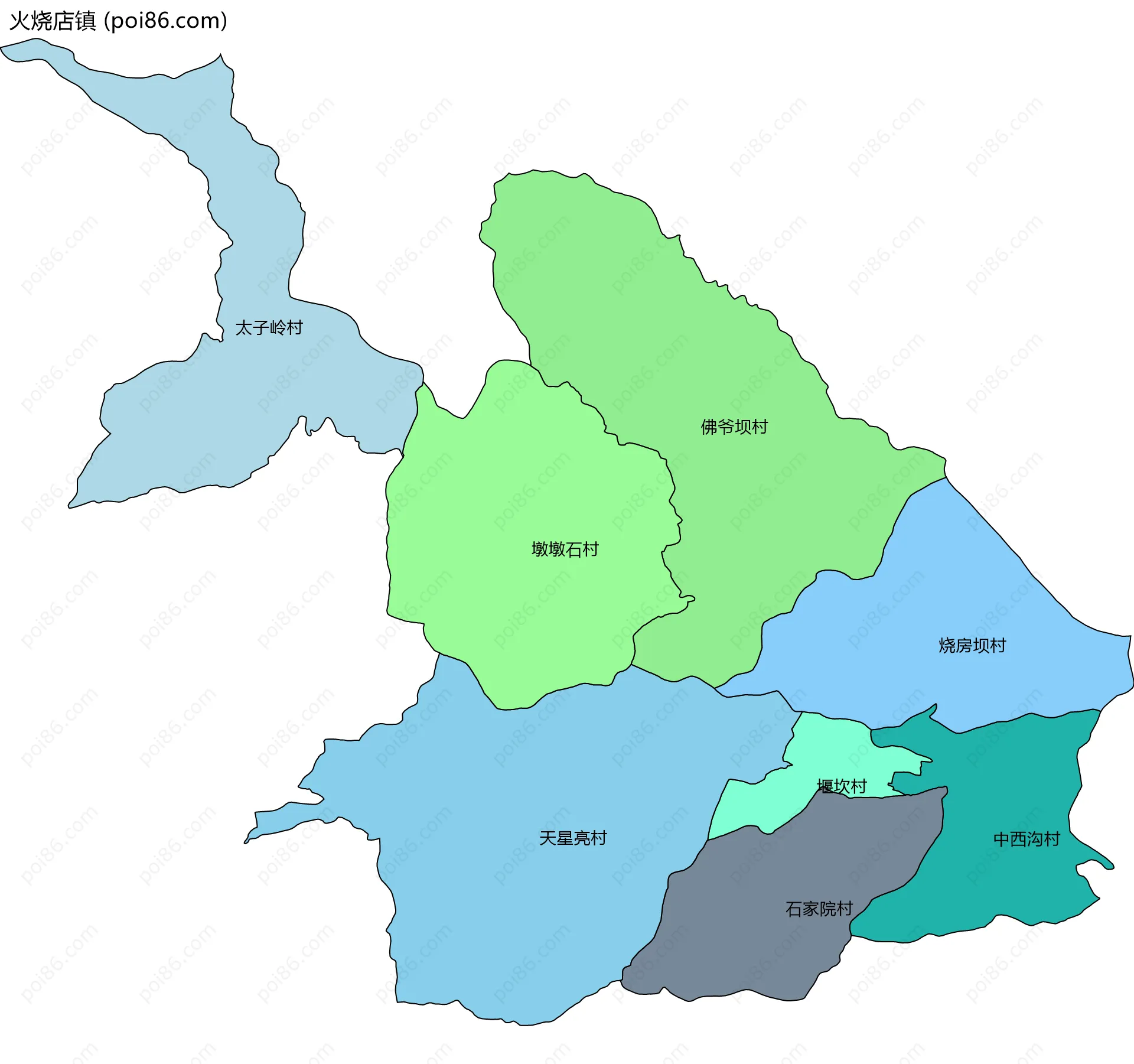 火烧店镇边界地图(五级行政区划)