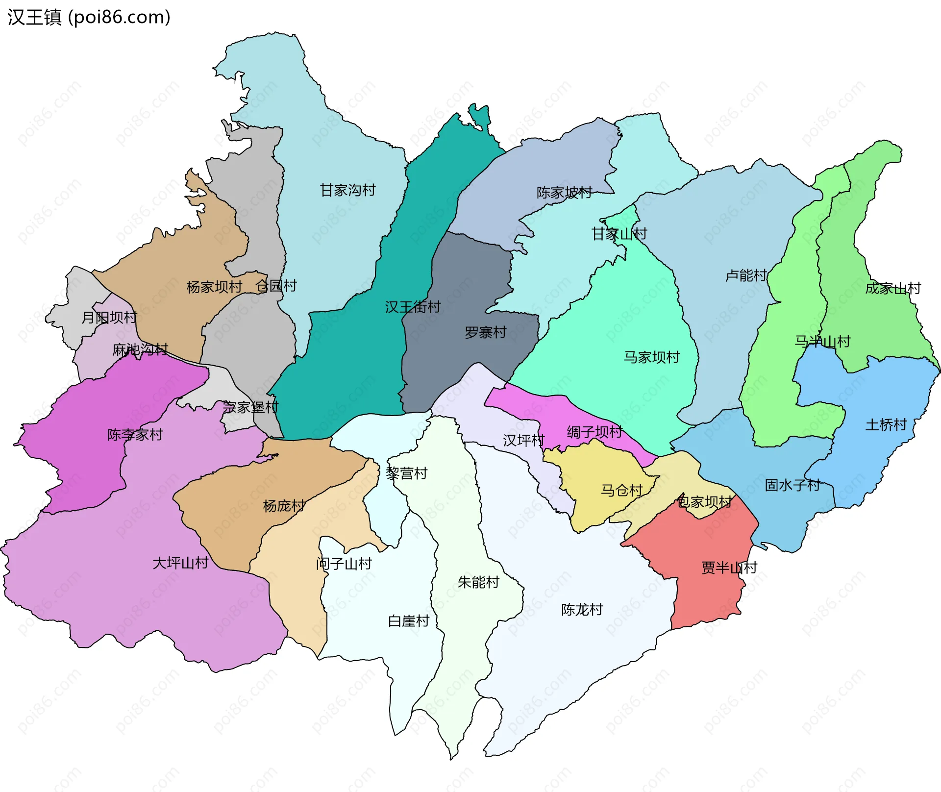 汉王镇边界地图(五级行政区划)