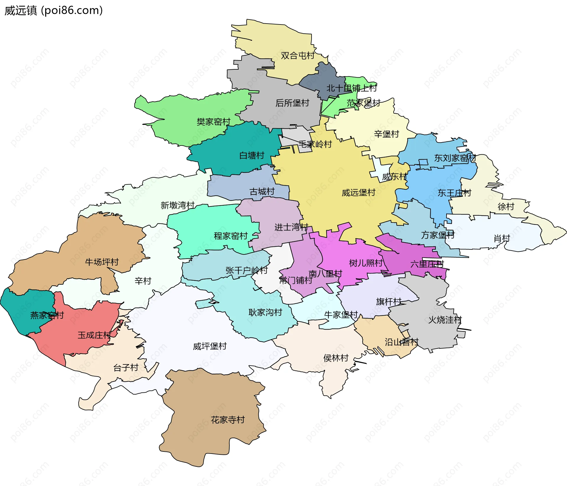 威远镇边界地图(五级行政区划)