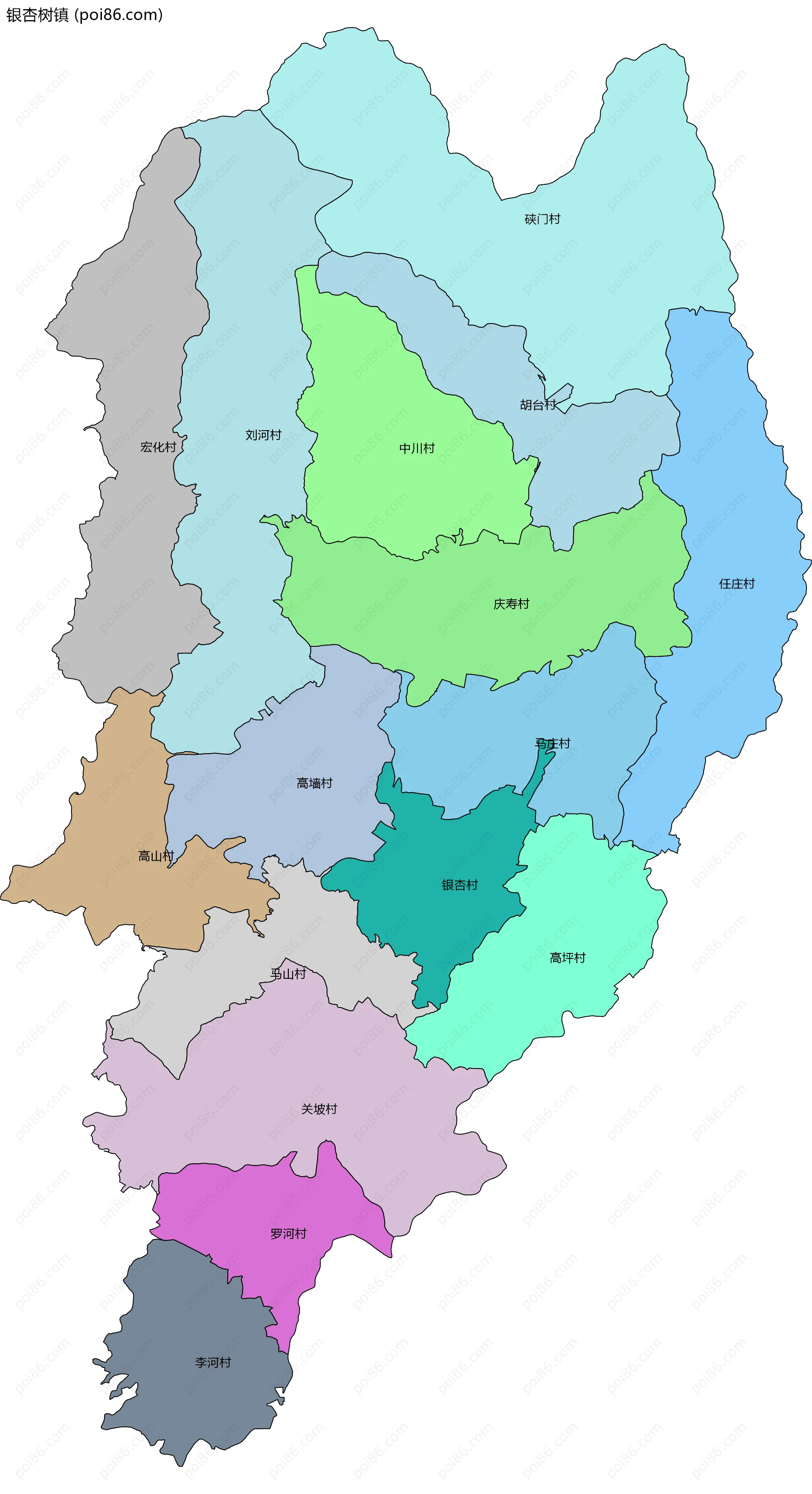 银杏树镇边界地图(五级行政区划)