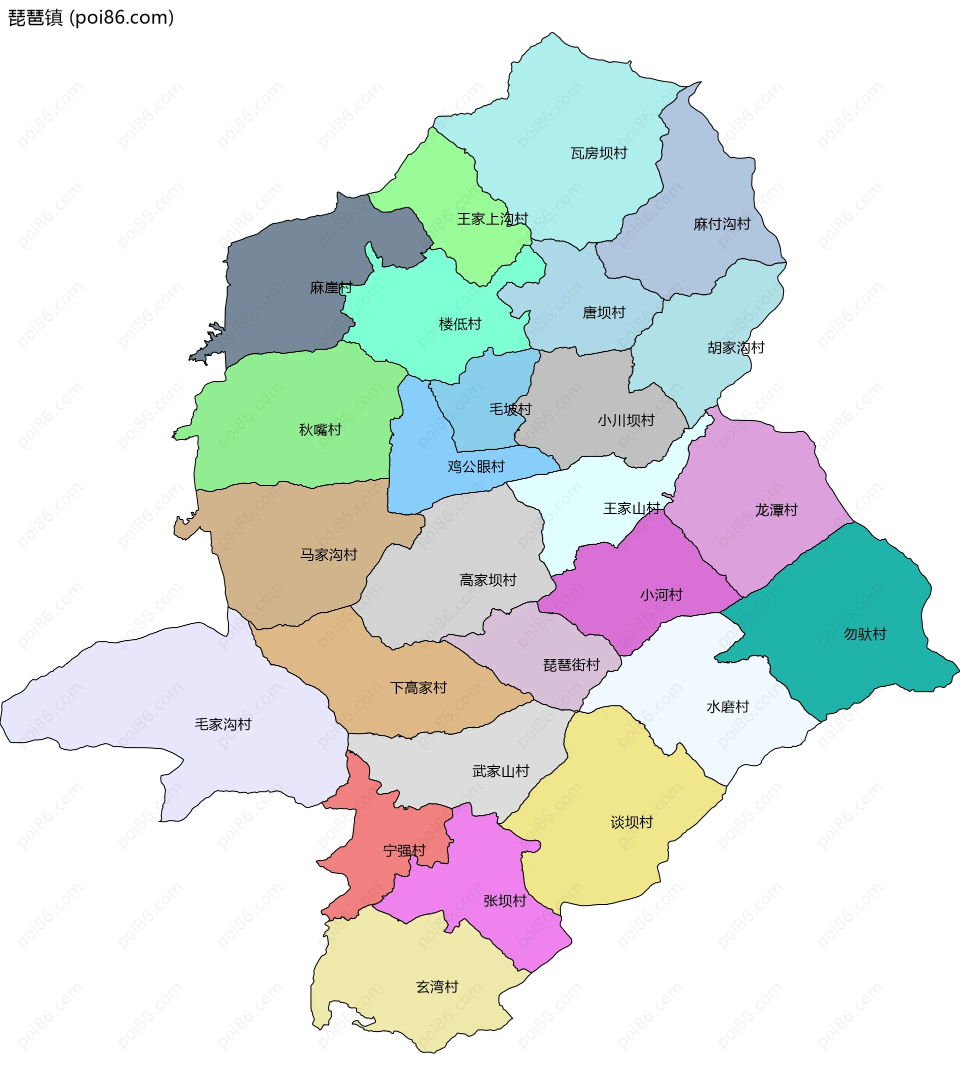 琵琶镇边界地图(五级行政区划)