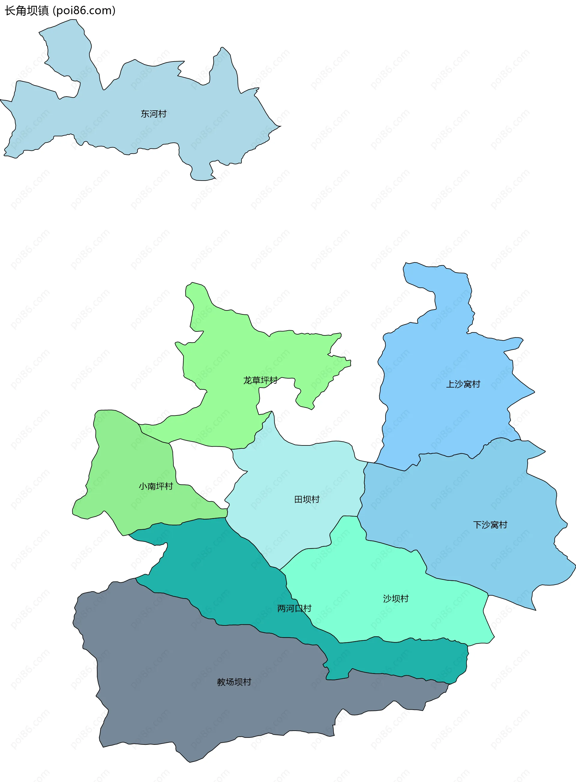 长角坝镇边界地图(五级行政区划)