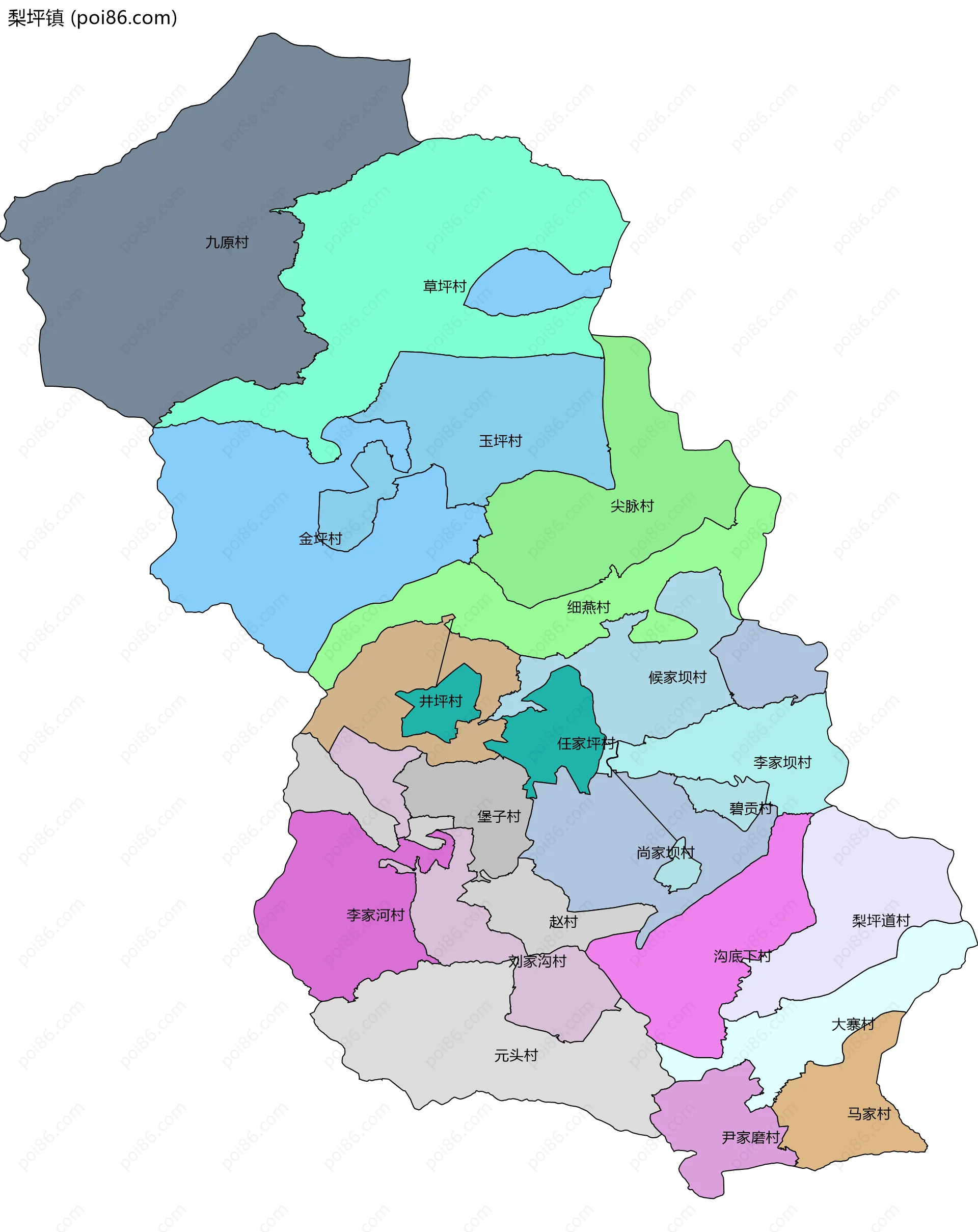 梨坪镇边界地图(五级行政区划)