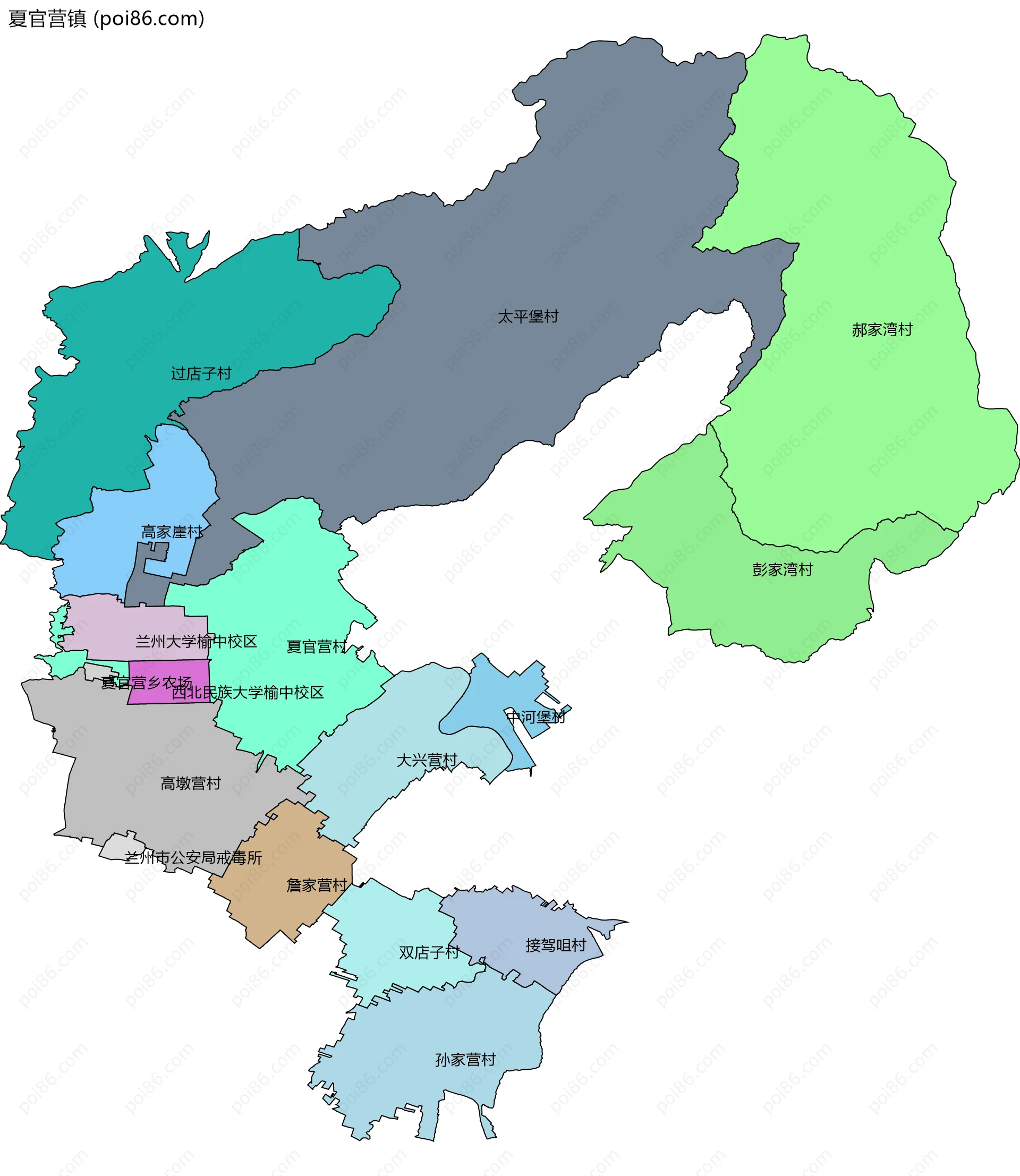 夏官营镇边界地图(五级行政区划)