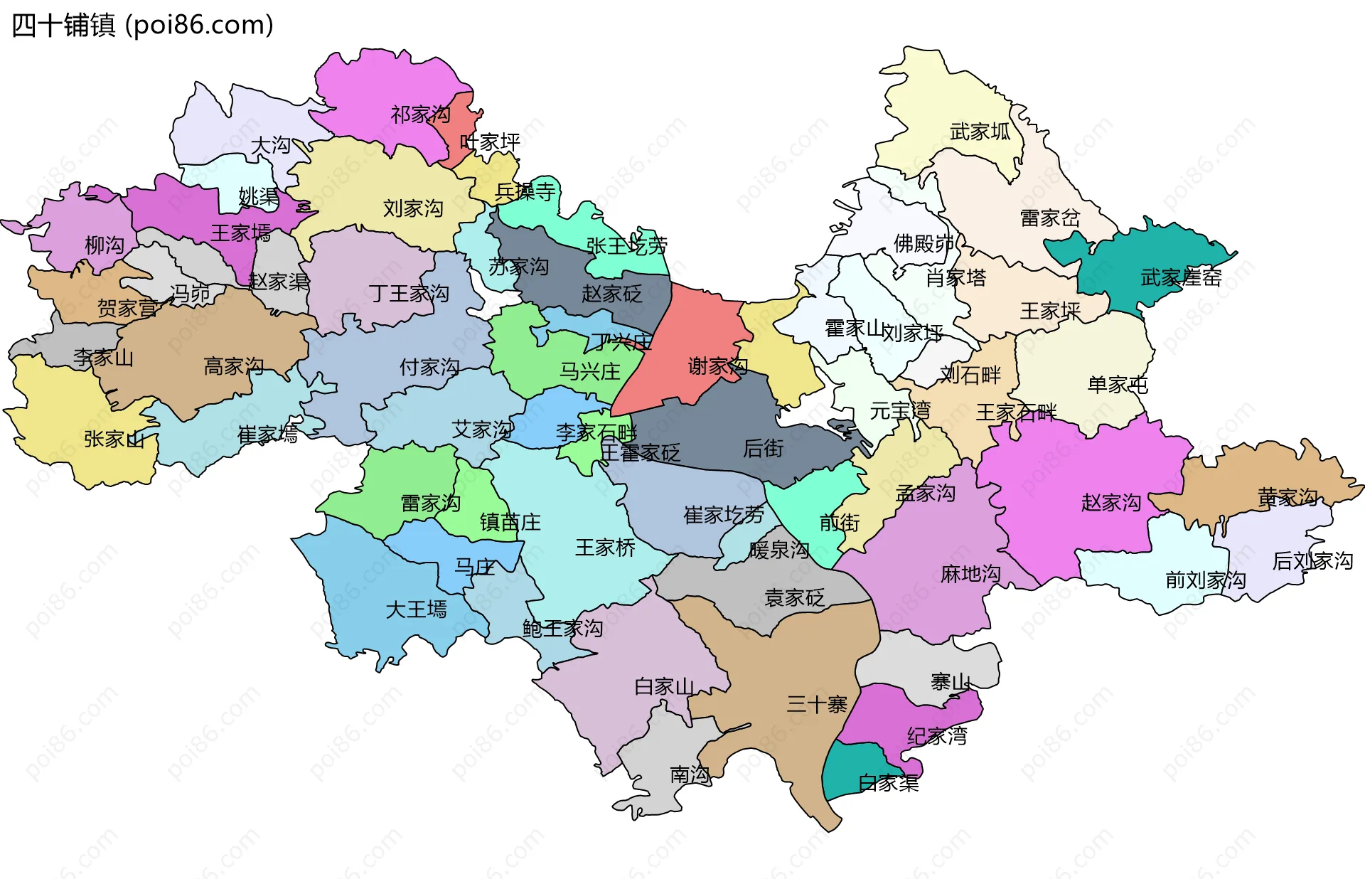 四十铺镇边界地图(五级行政区划)