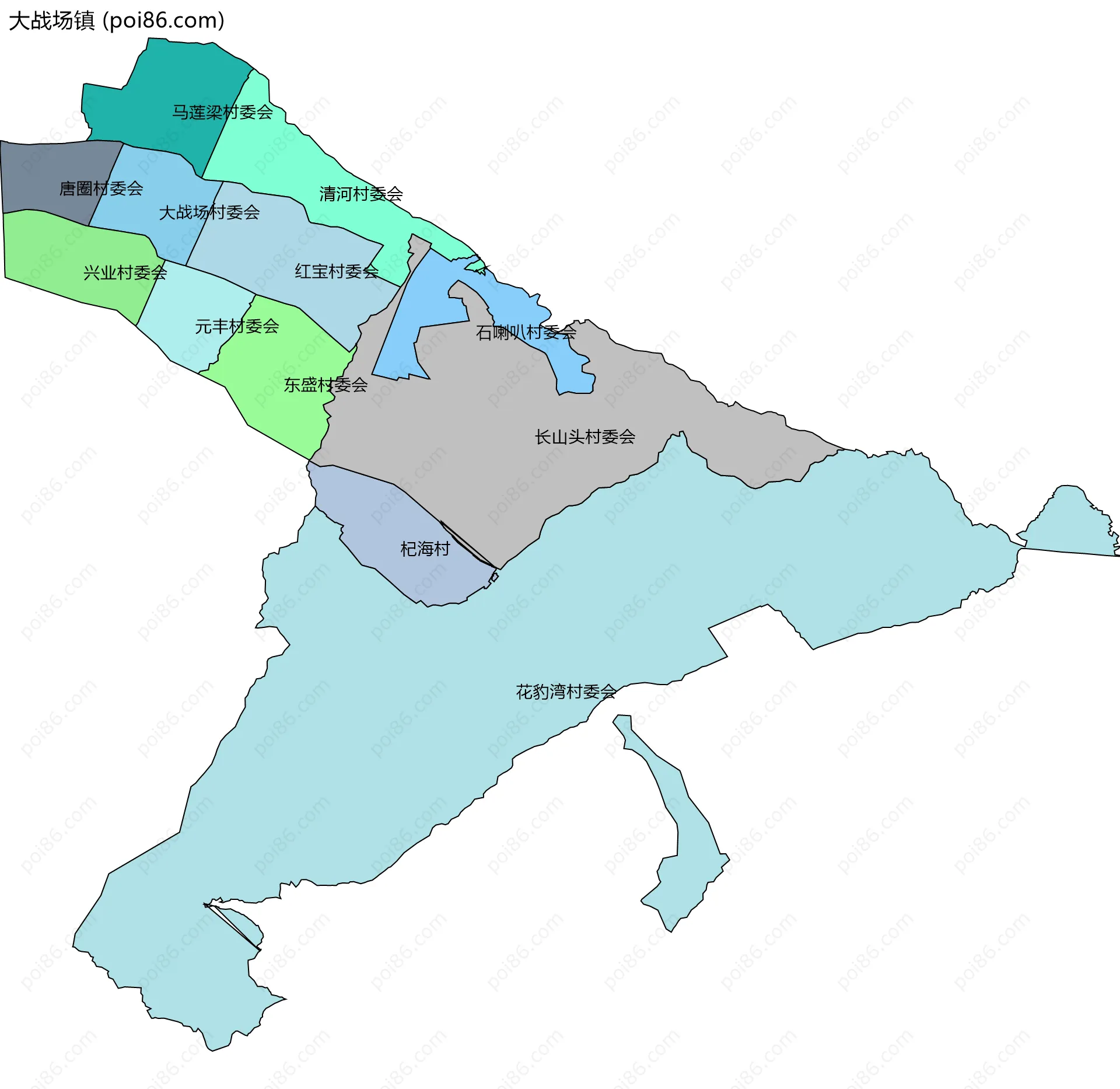 大战场镇边界地图(五级行政区划)