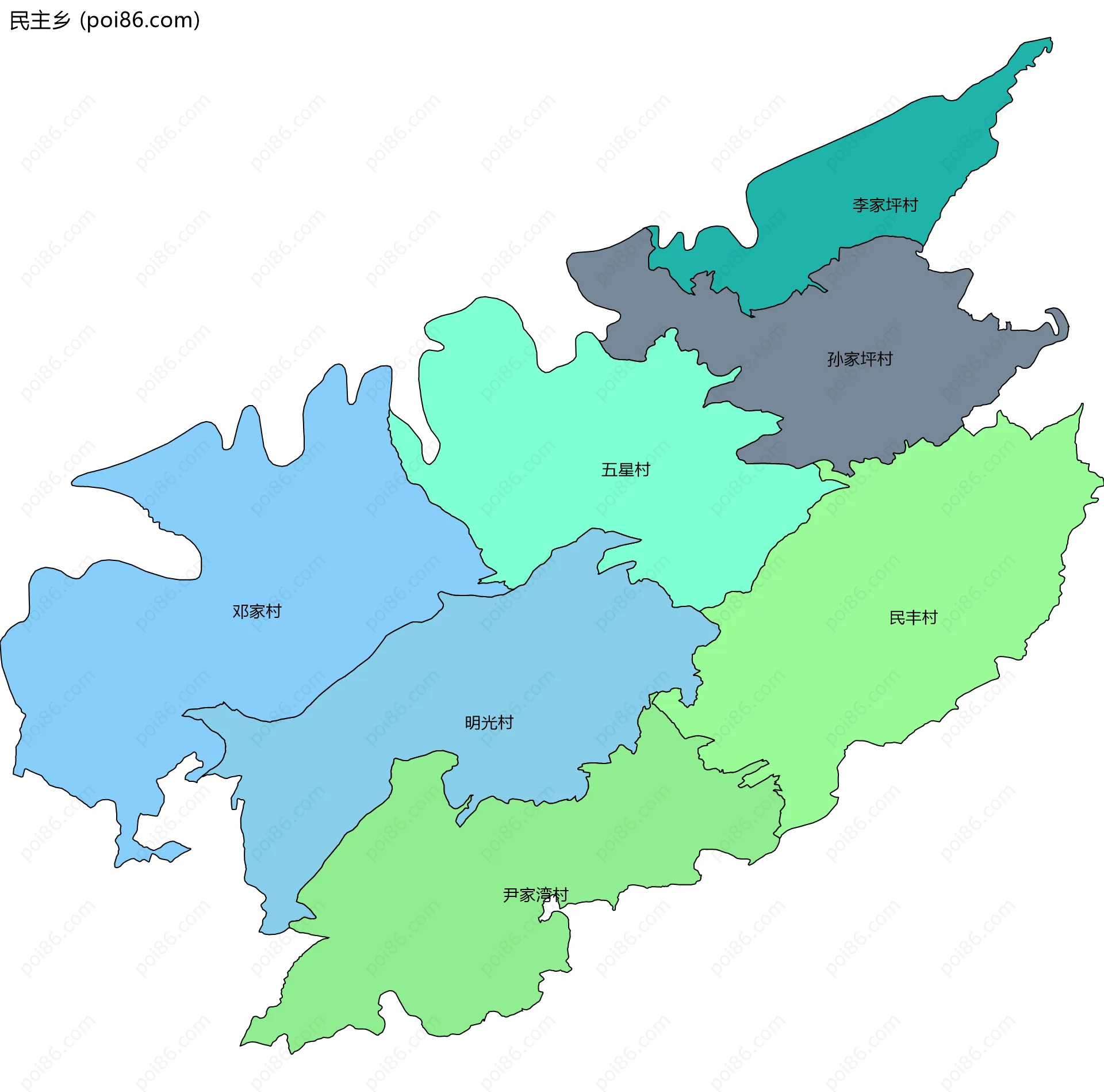 民主乡边界地图(五级行政区划)