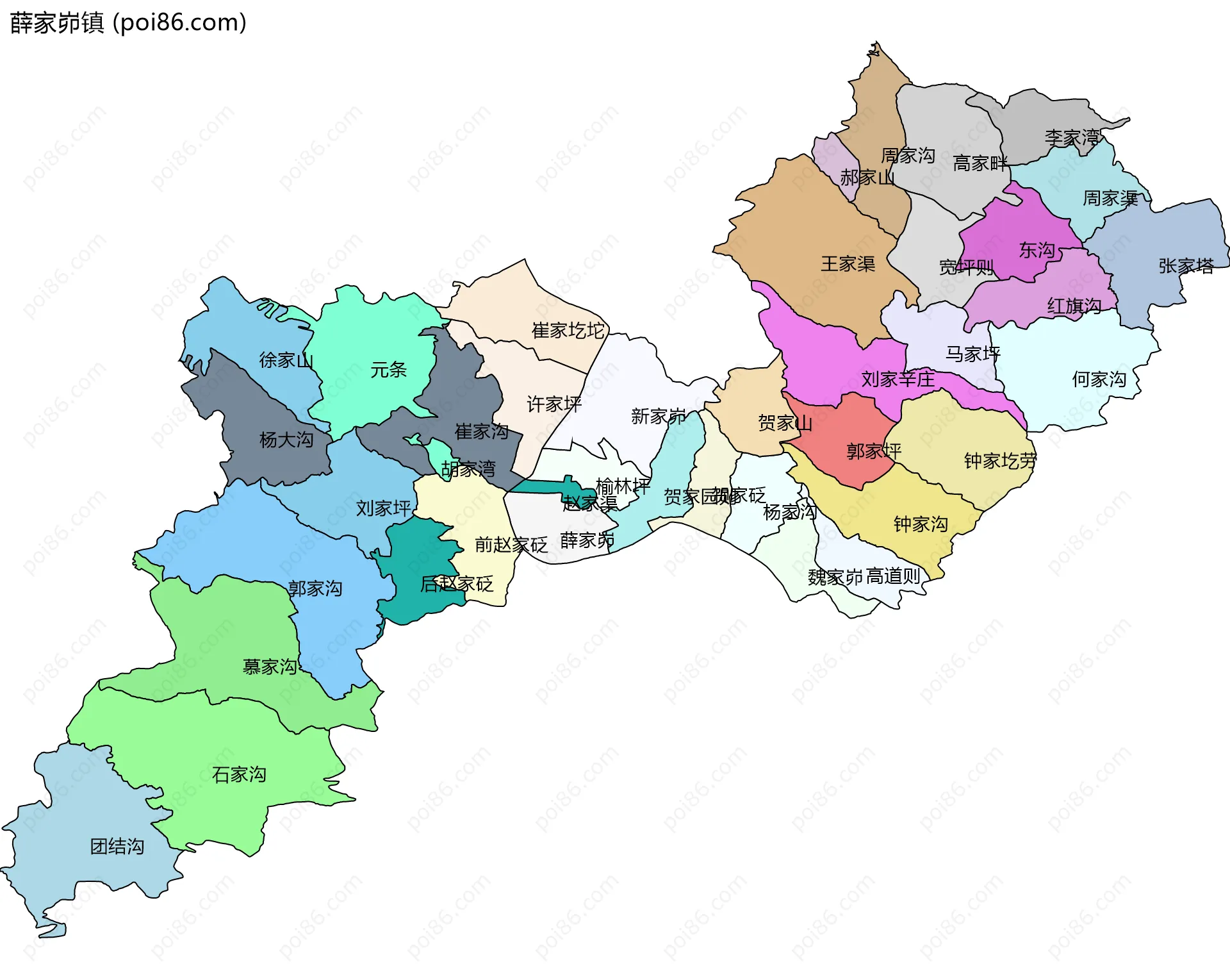 薛家峁镇边界地图(五级行政区划)