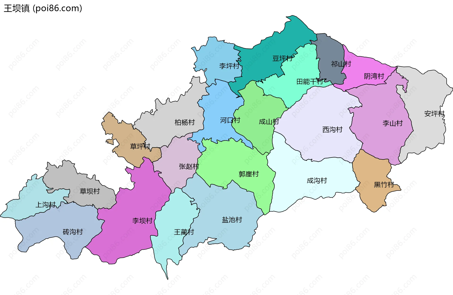 王坝镇边界地图(五级行政区划)