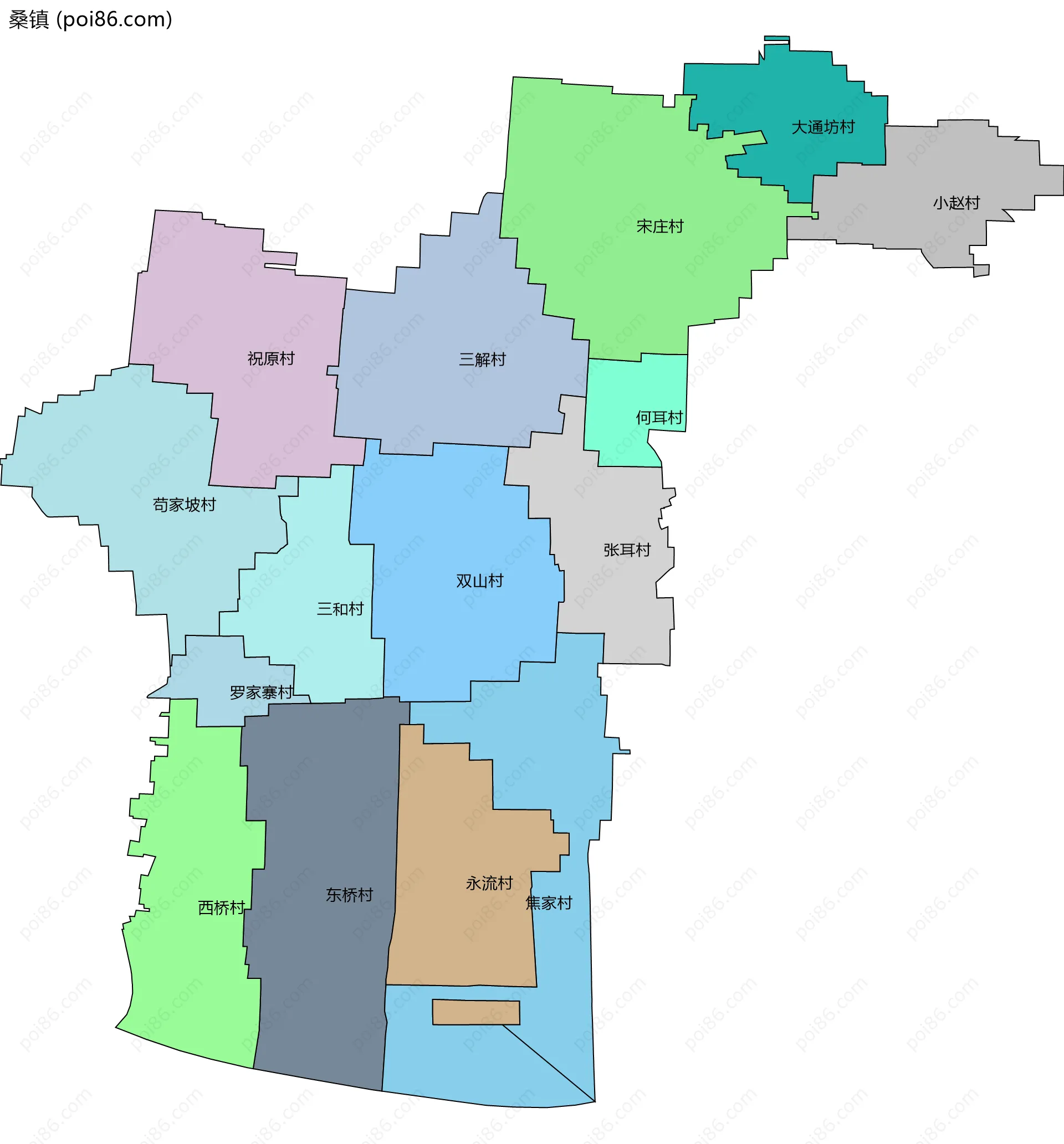 桑镇边界地图(五级行政区划)