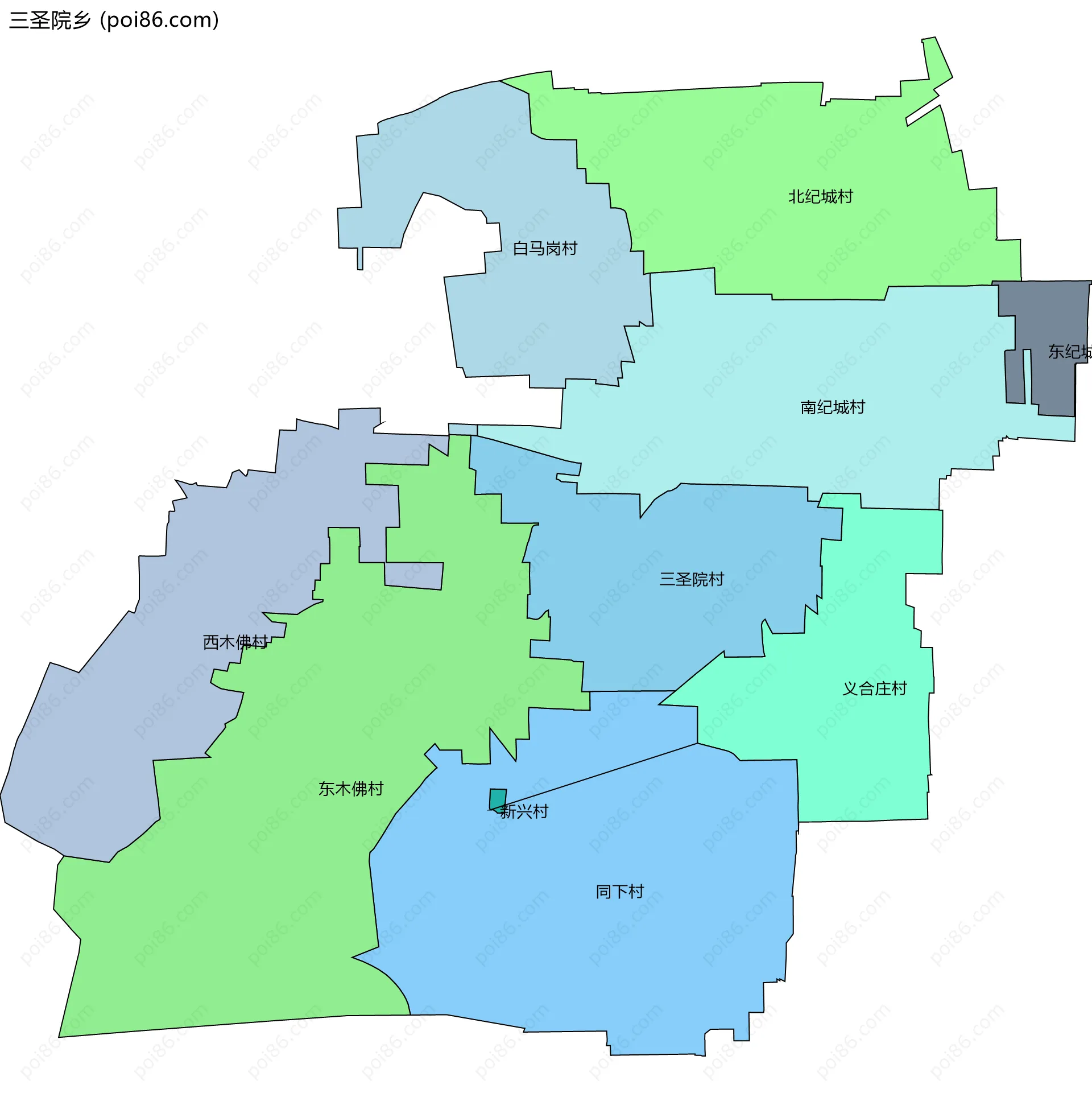 三圣院乡边界地图(五级行政区划)