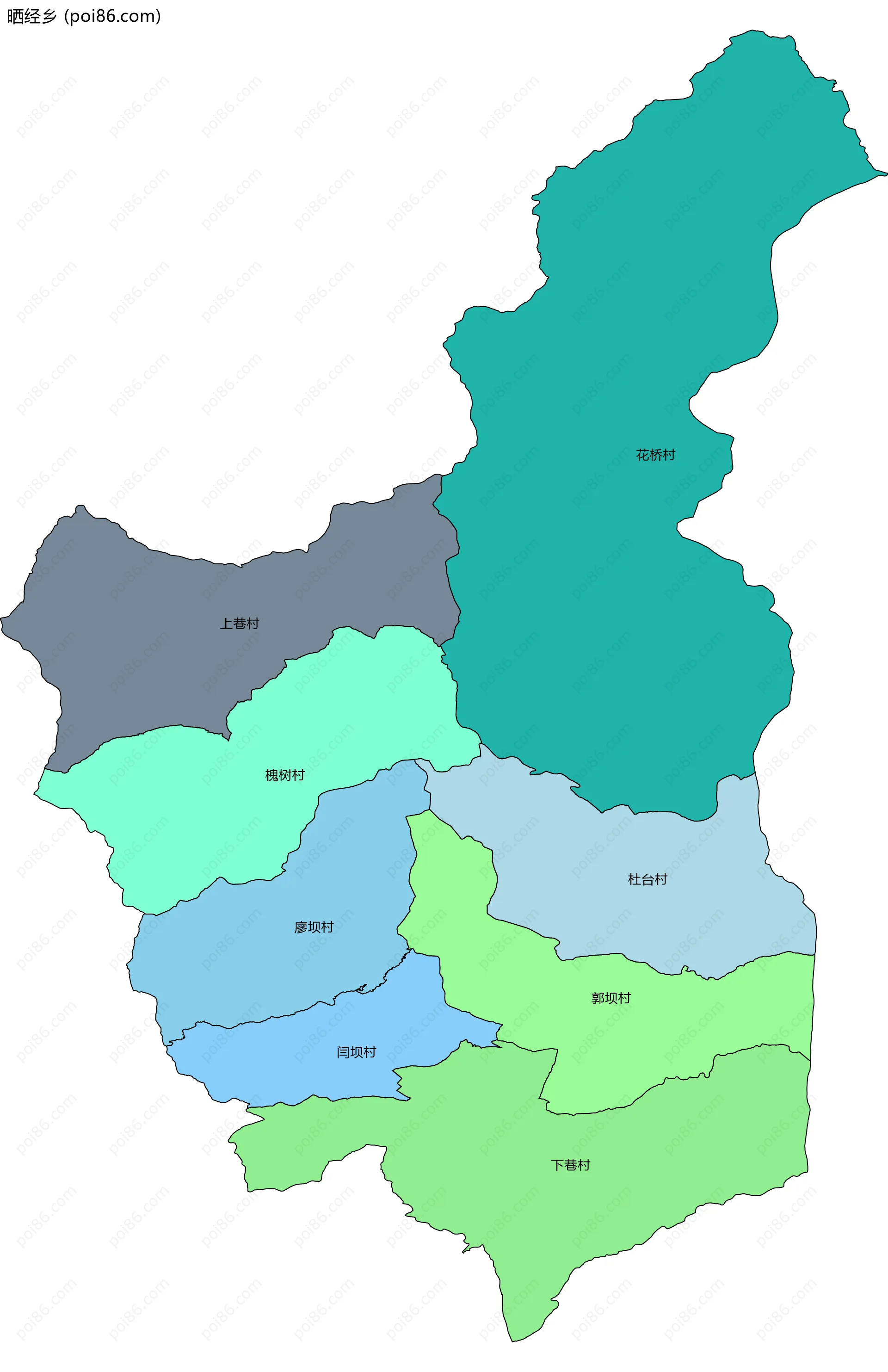 晒经乡边界地图(五级行政区划)