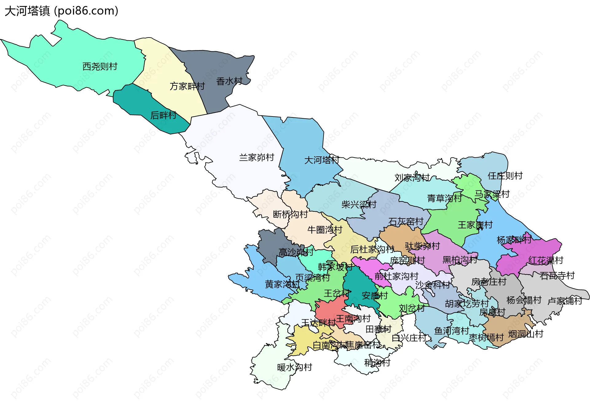 大河塔镇边界地图(五级行政区划)