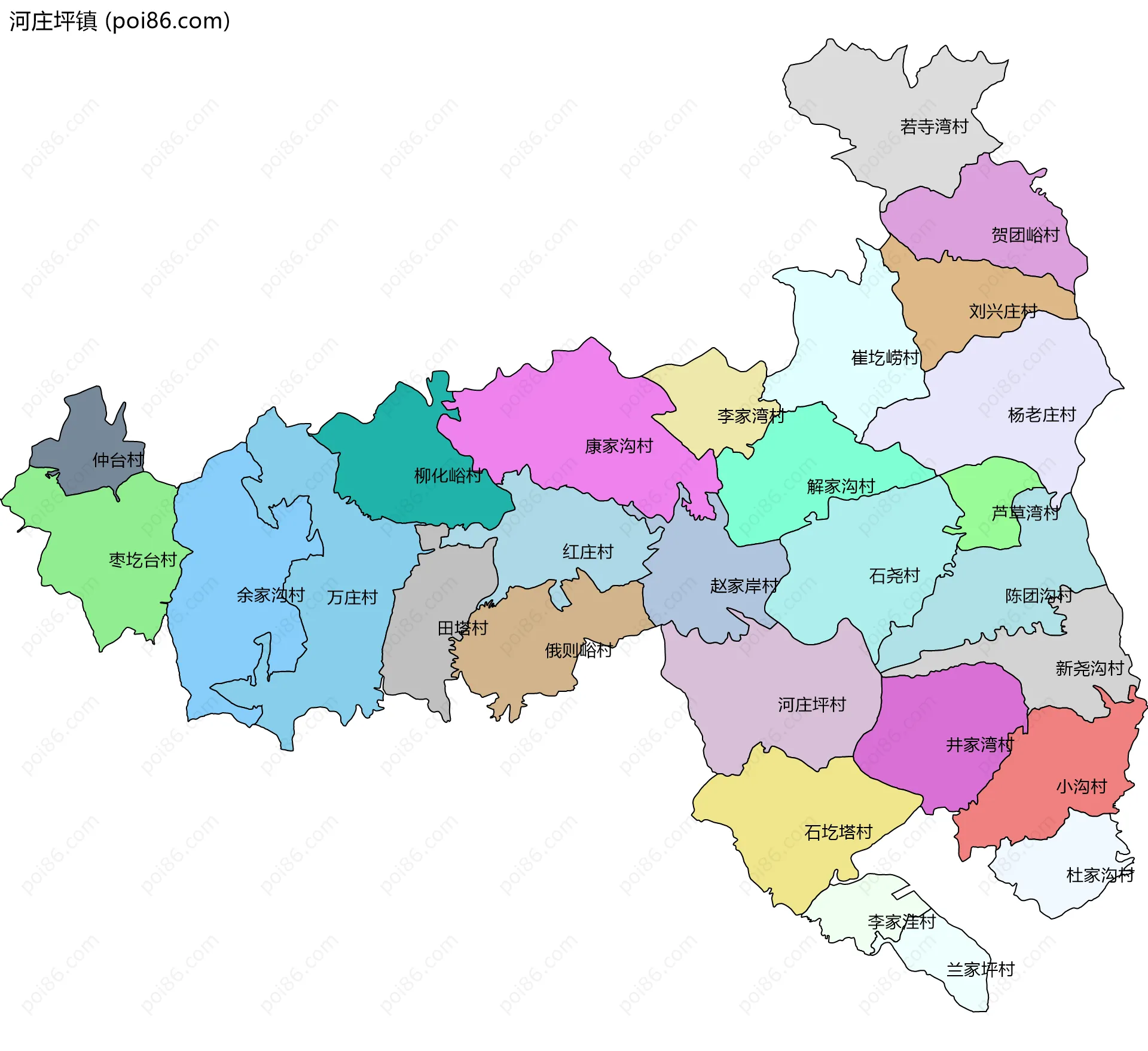 河庄坪镇边界地图(五级行政区划)