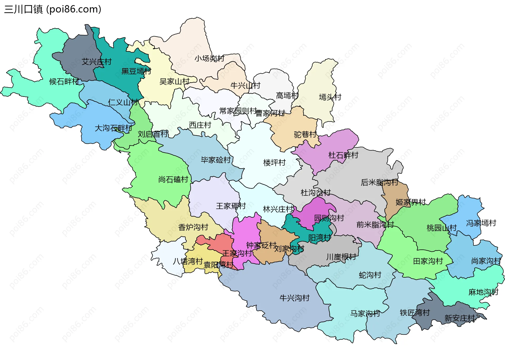 三川口镇边界地图(五级行政区划)