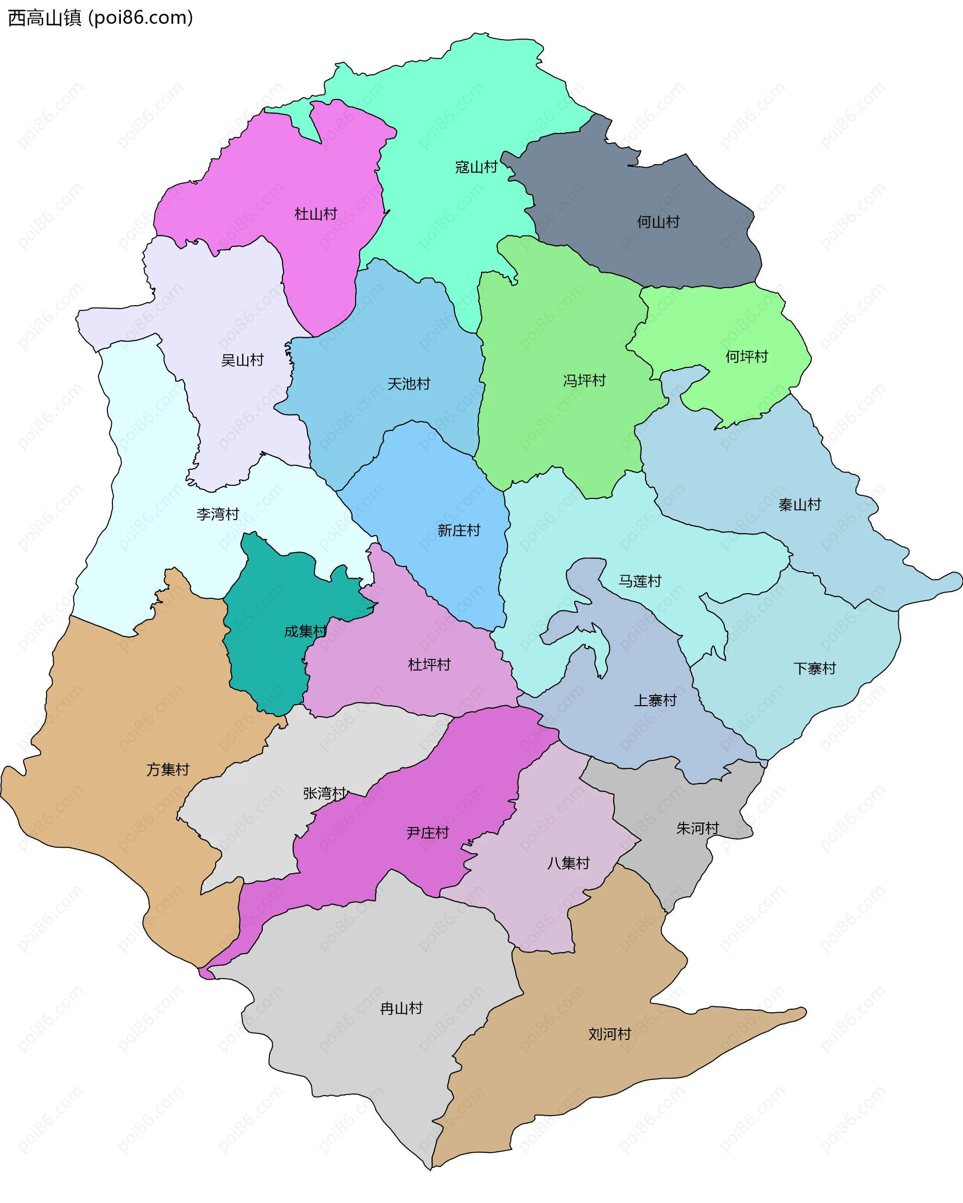 西高山镇边界地图(五级行政区划)