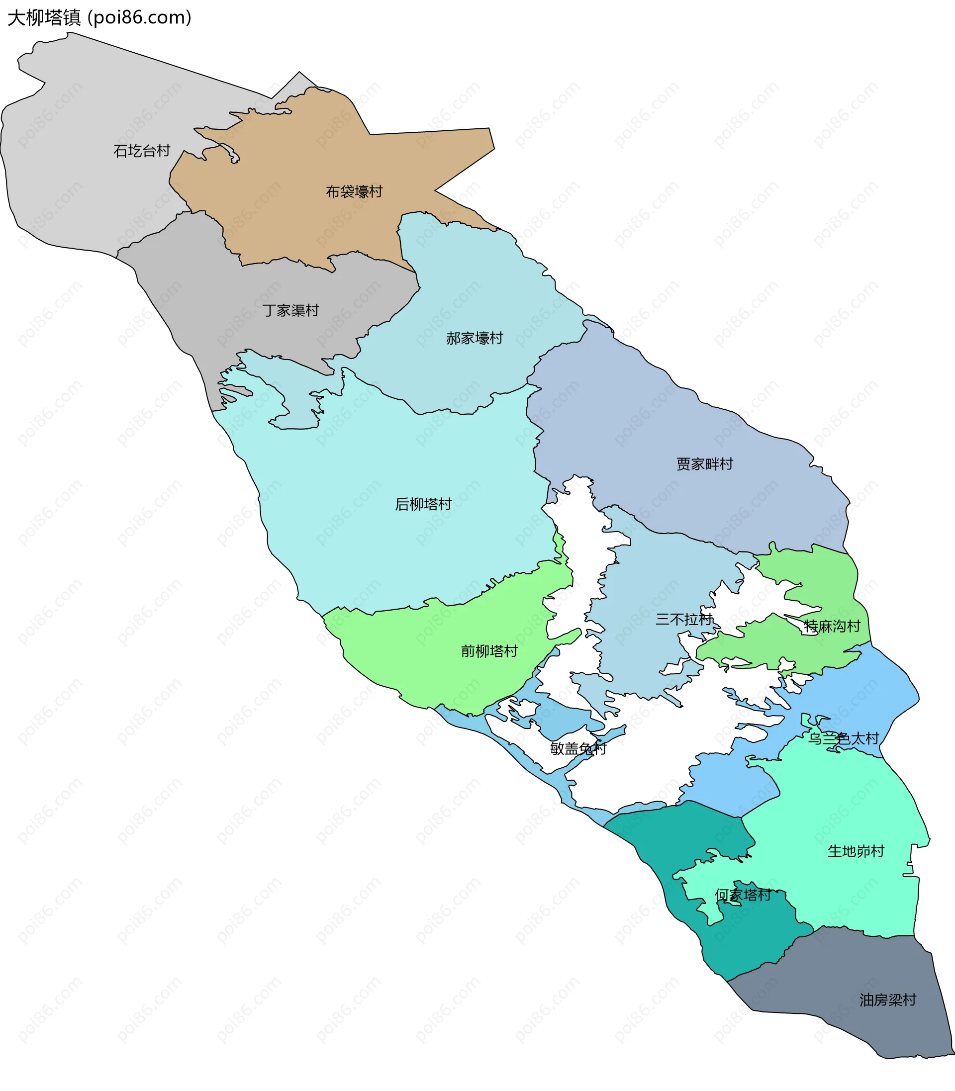 大柳塔镇边界地图(五级行政区划)