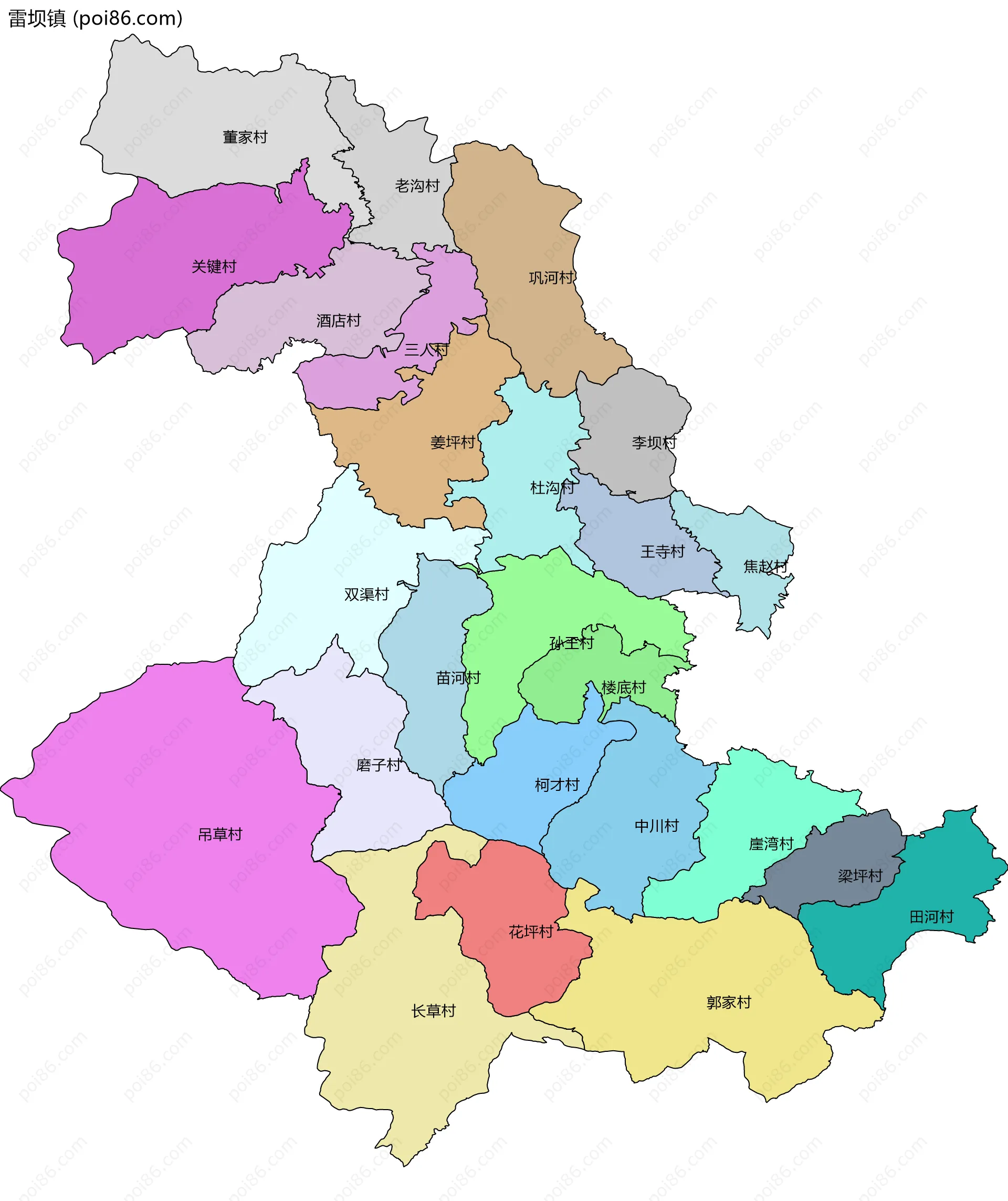 雷坝镇边界地图(五级行政区划)