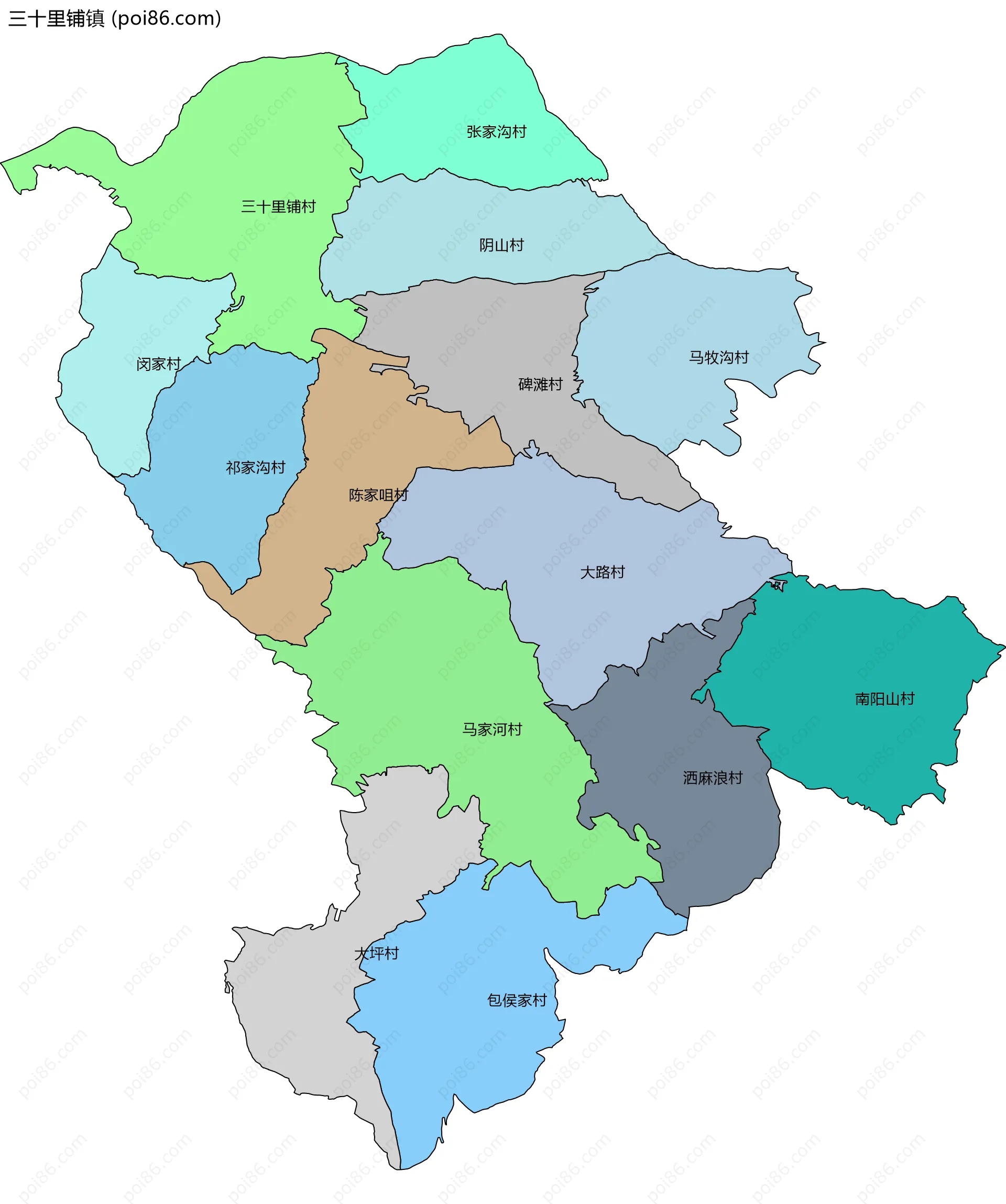 三十里铺镇边界地图(五级行政区划)