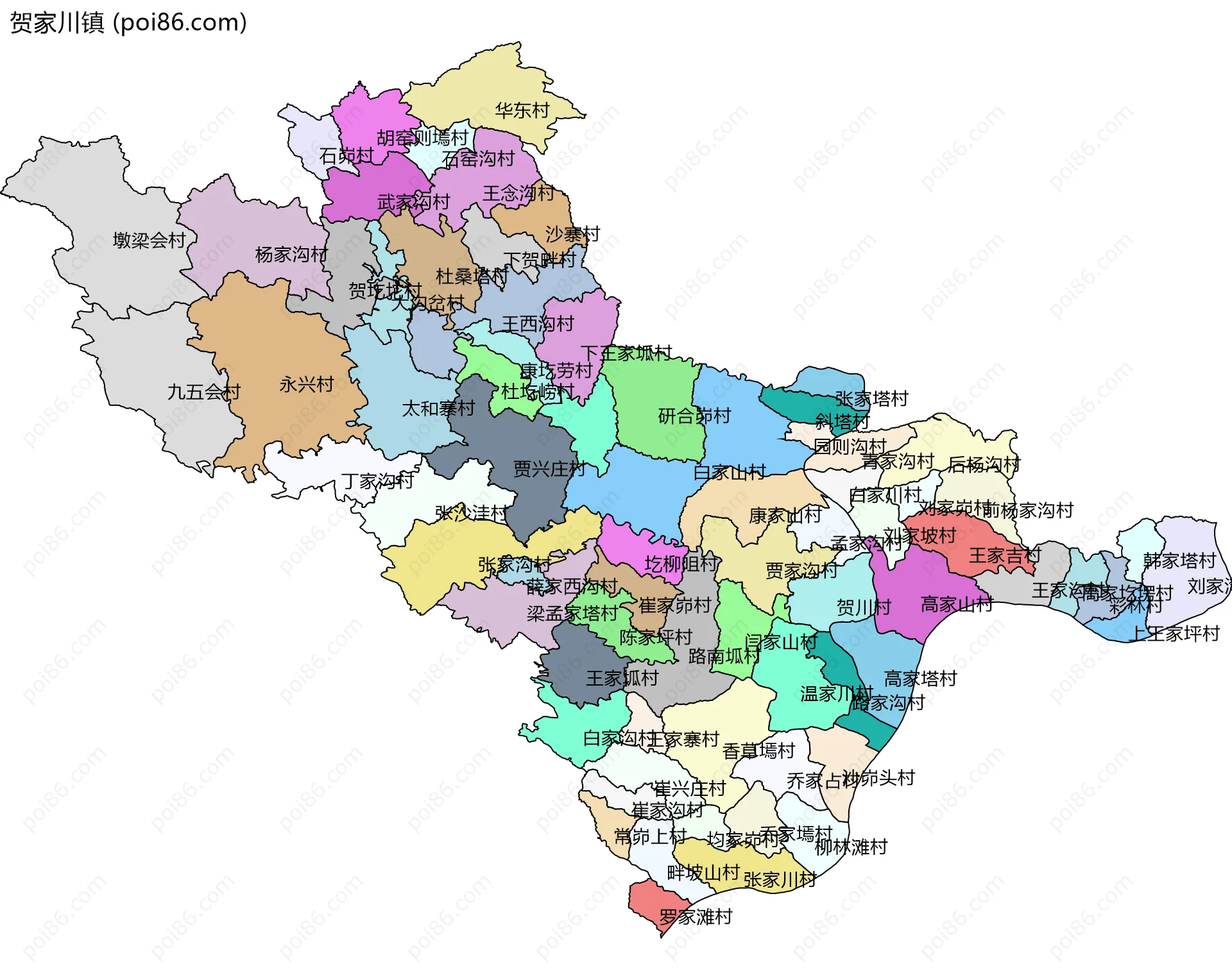 贺家川镇边界地图(五级行政区划)