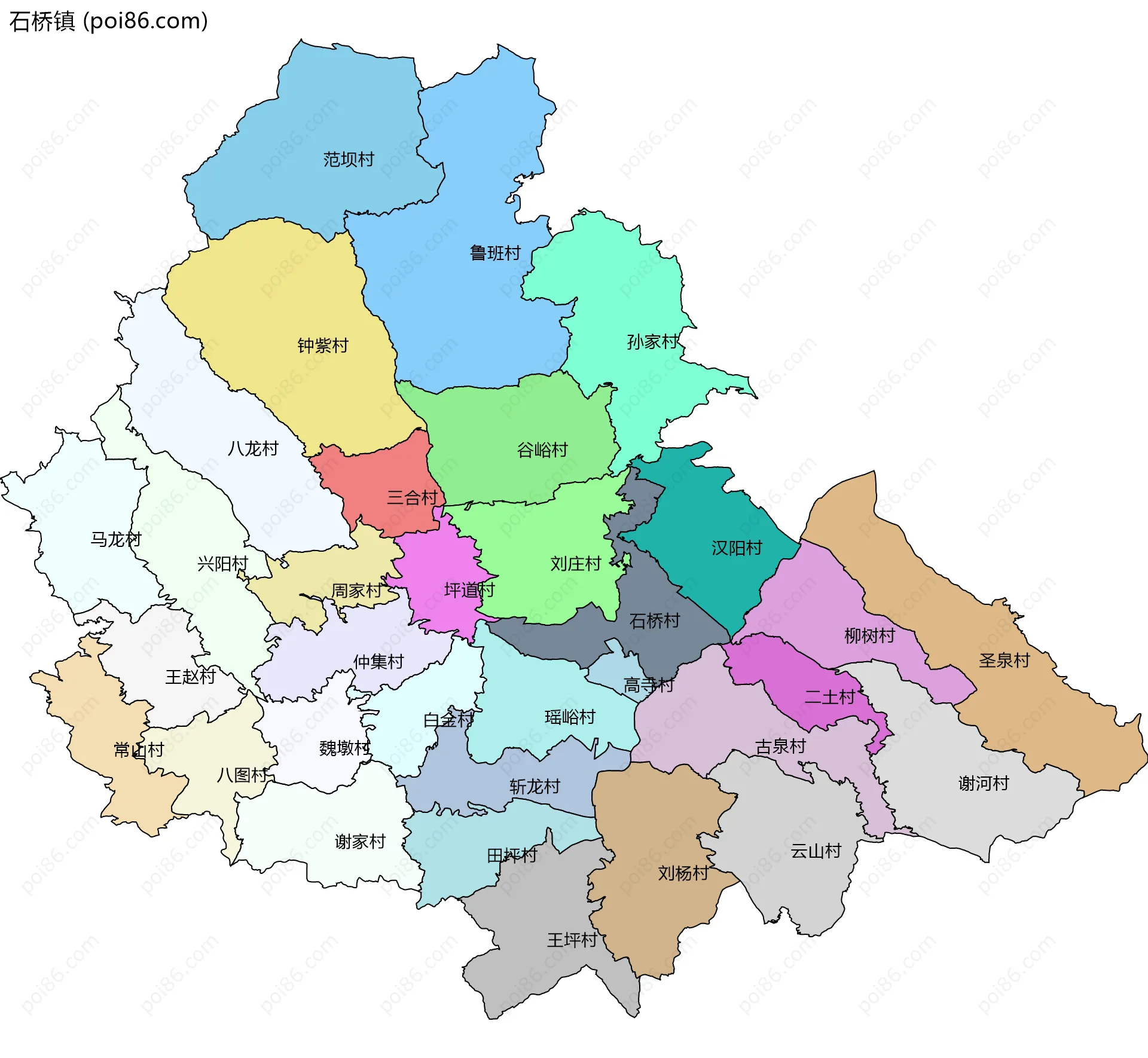 石桥镇边界地图(五级行政区划)