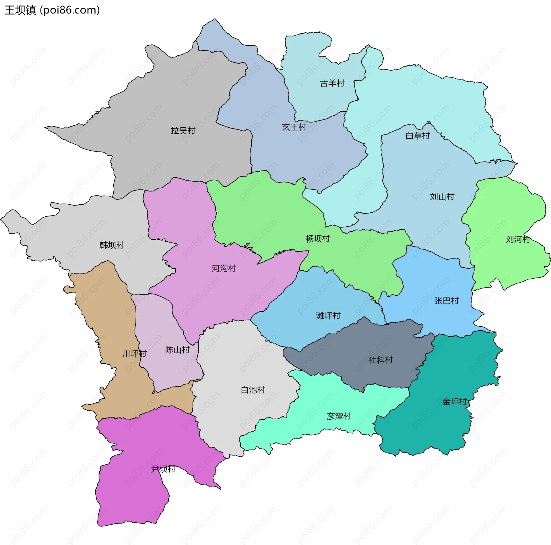 王坝镇边界地图(五级行政区划)