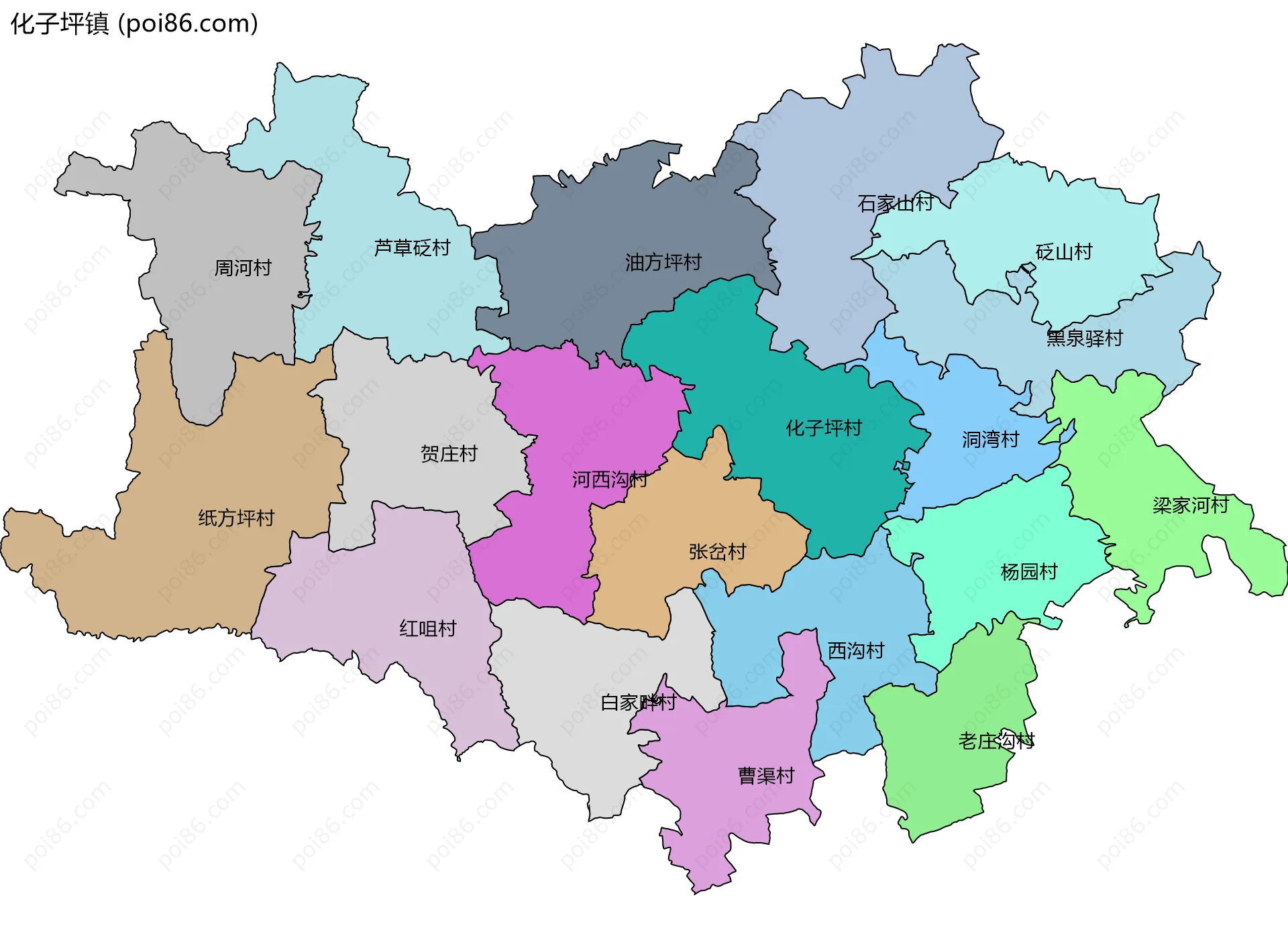 化子坪镇边界地图(五级行政区划)