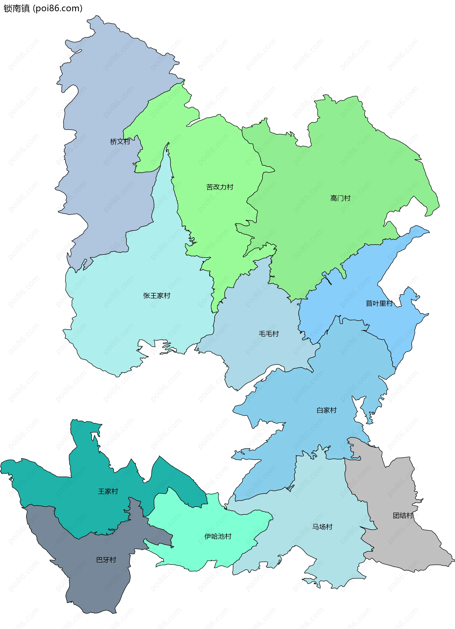 锁南镇边界地图(五级行政区划)