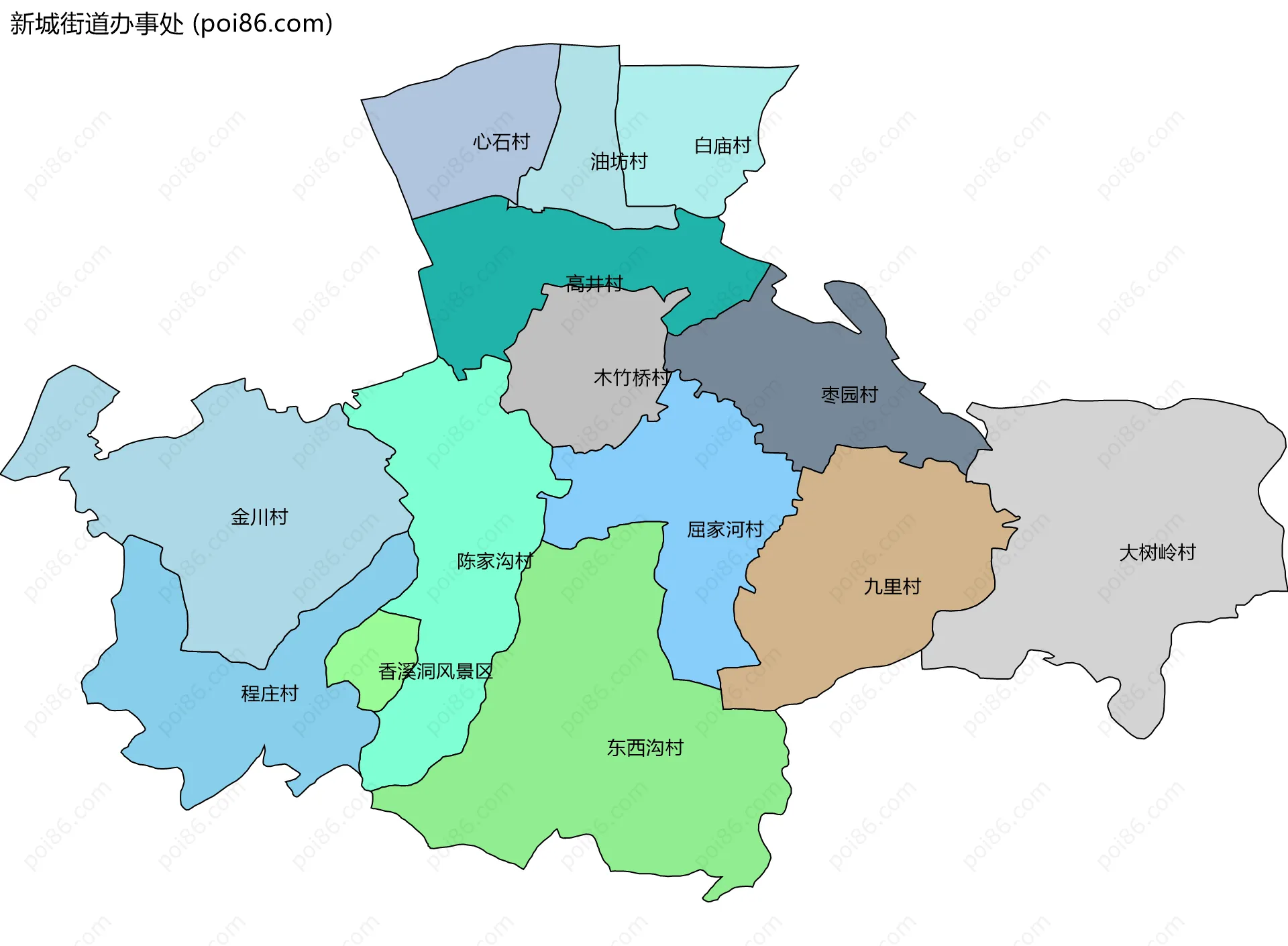 新城街道办事处边界地图(五级行政区划)