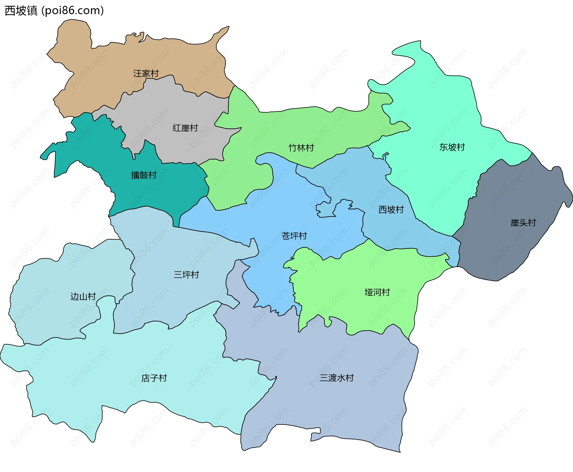 西坡镇边界地图(五级行政区划)
