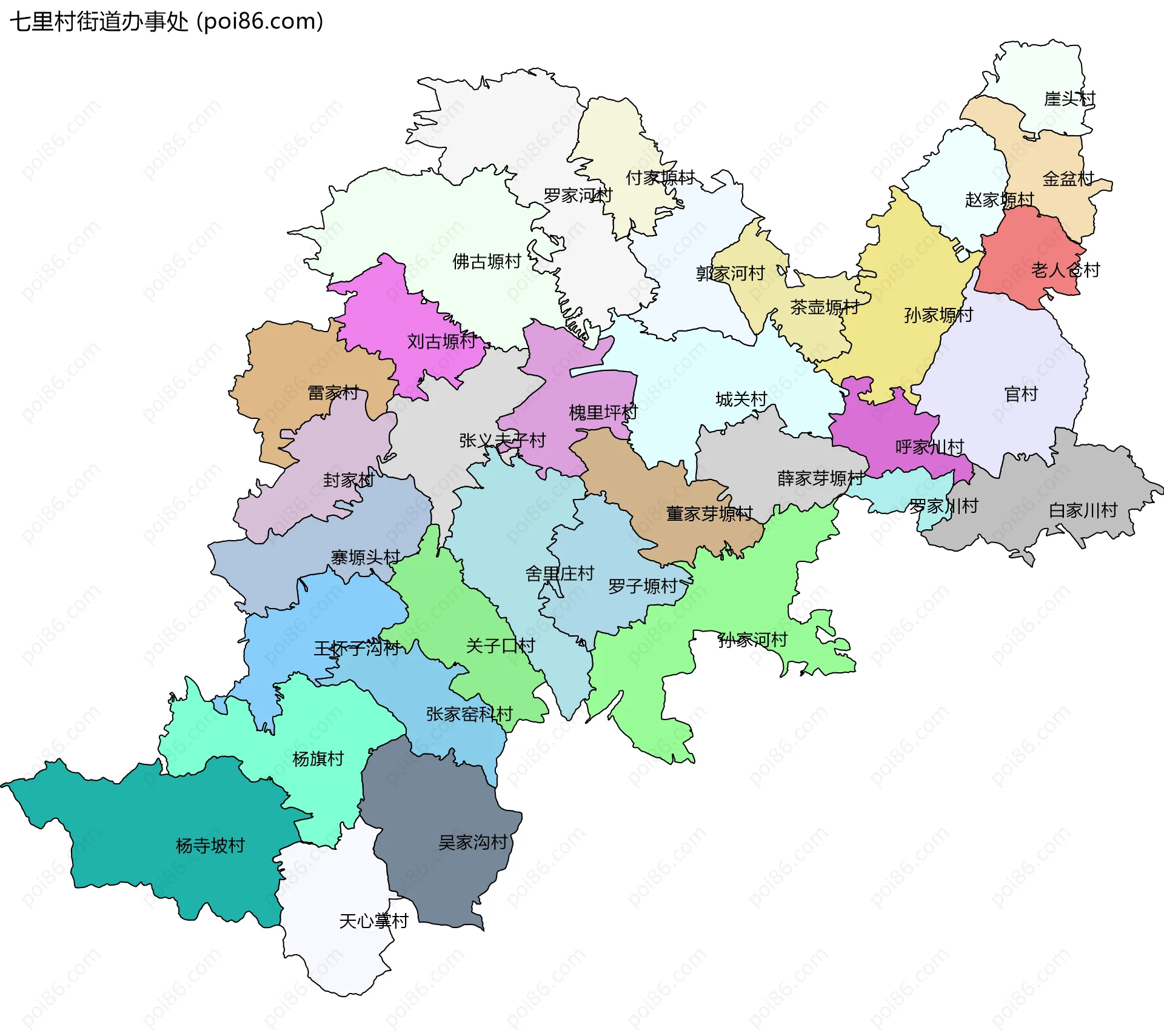 七里村街道办事处边界地图(五级行政区划)