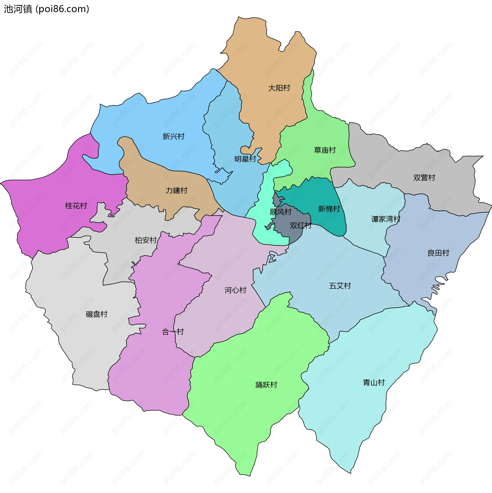 池河镇边界地图(五级行政区划)