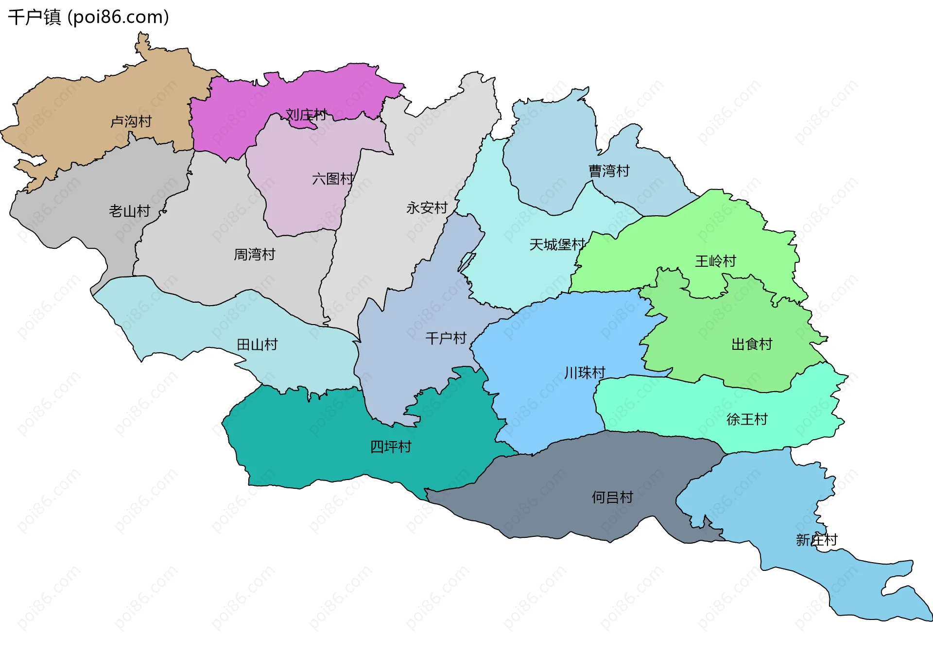 千户镇边界地图(五级行政区划)