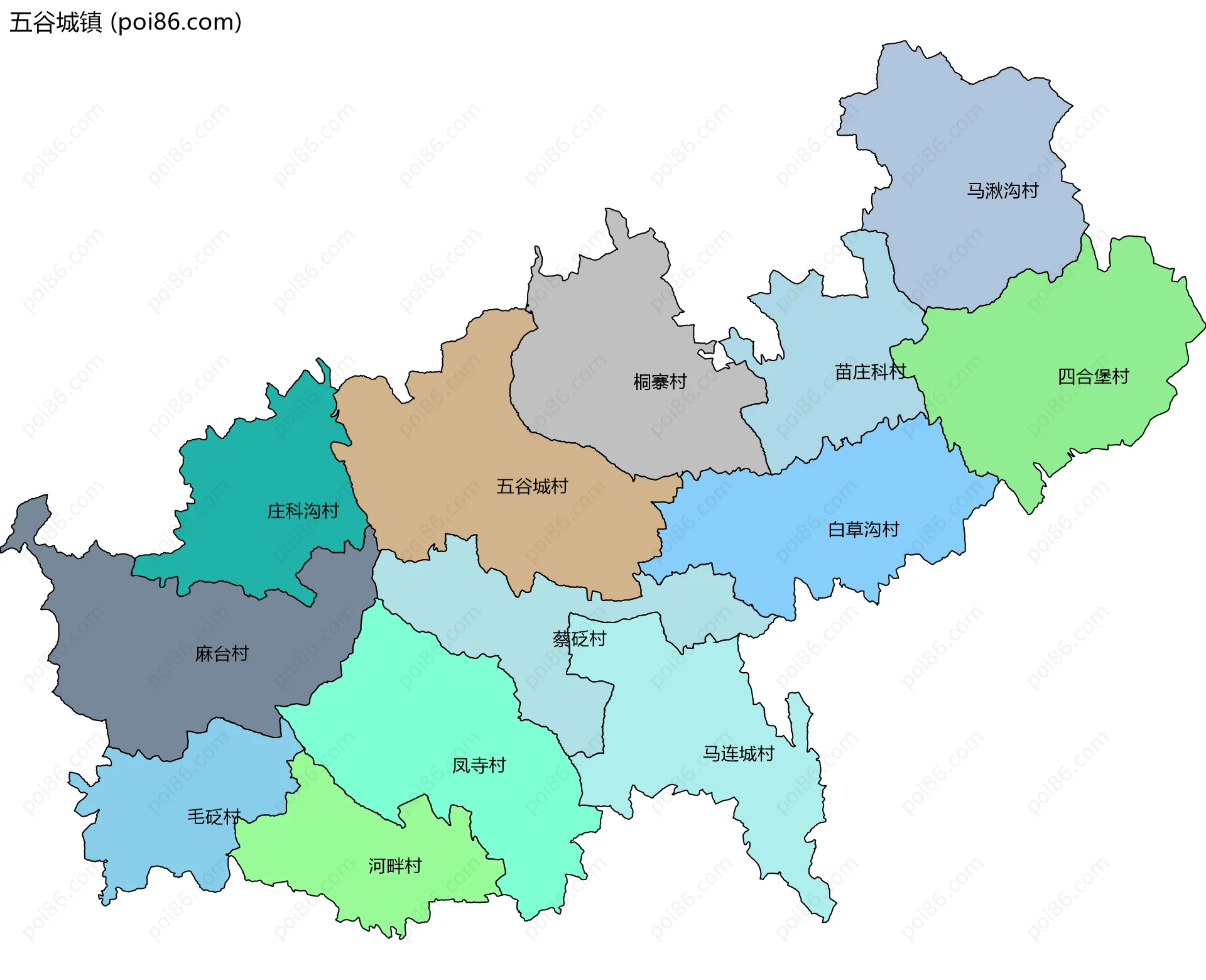五谷城镇边界地图(五级行政区划)