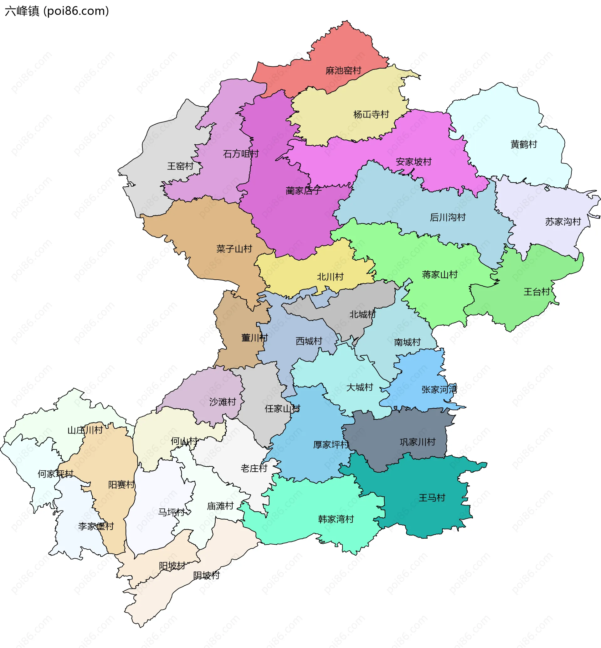 六峰镇边界地图(五级行政区划)