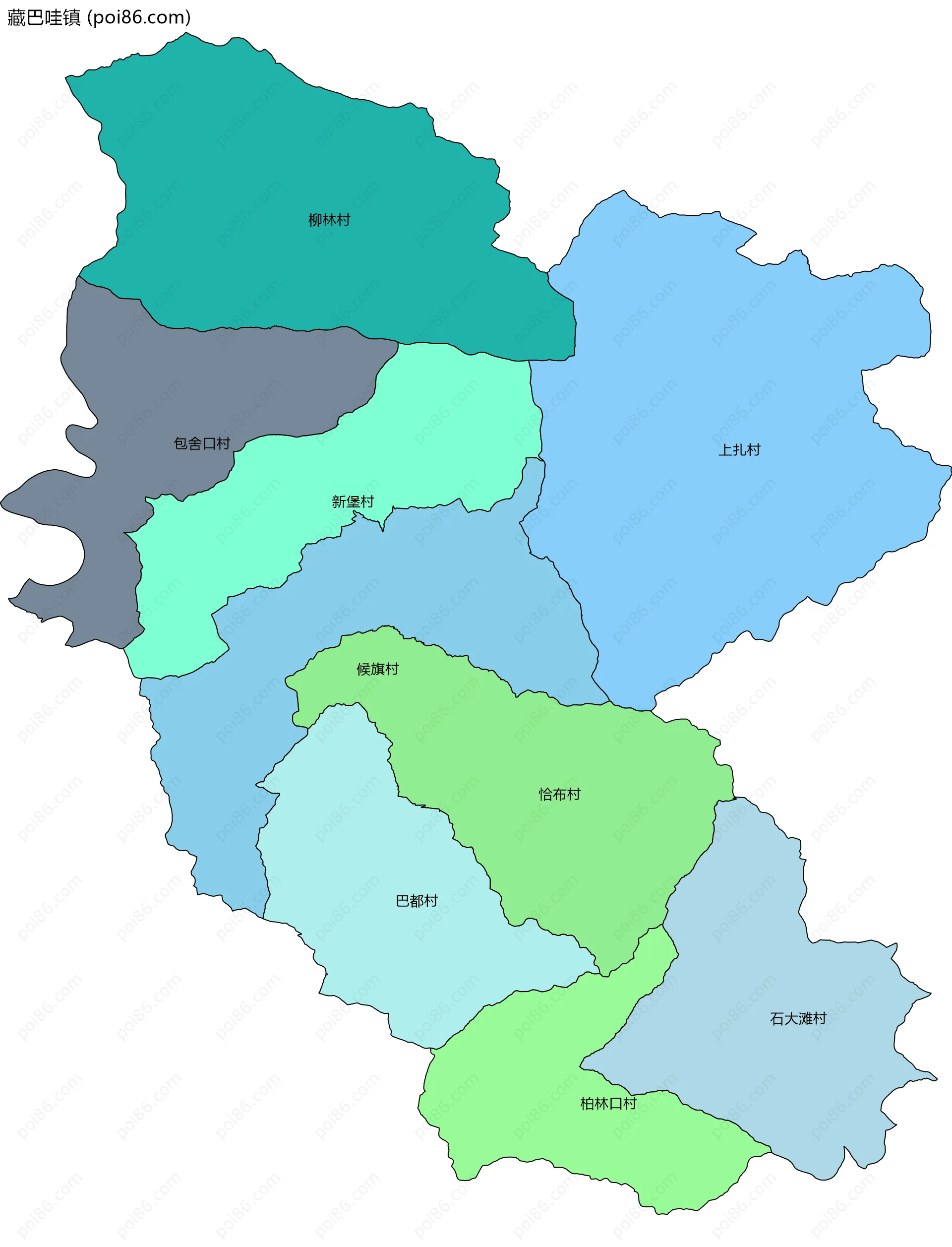 藏巴哇镇边界地图(五级行政区划)