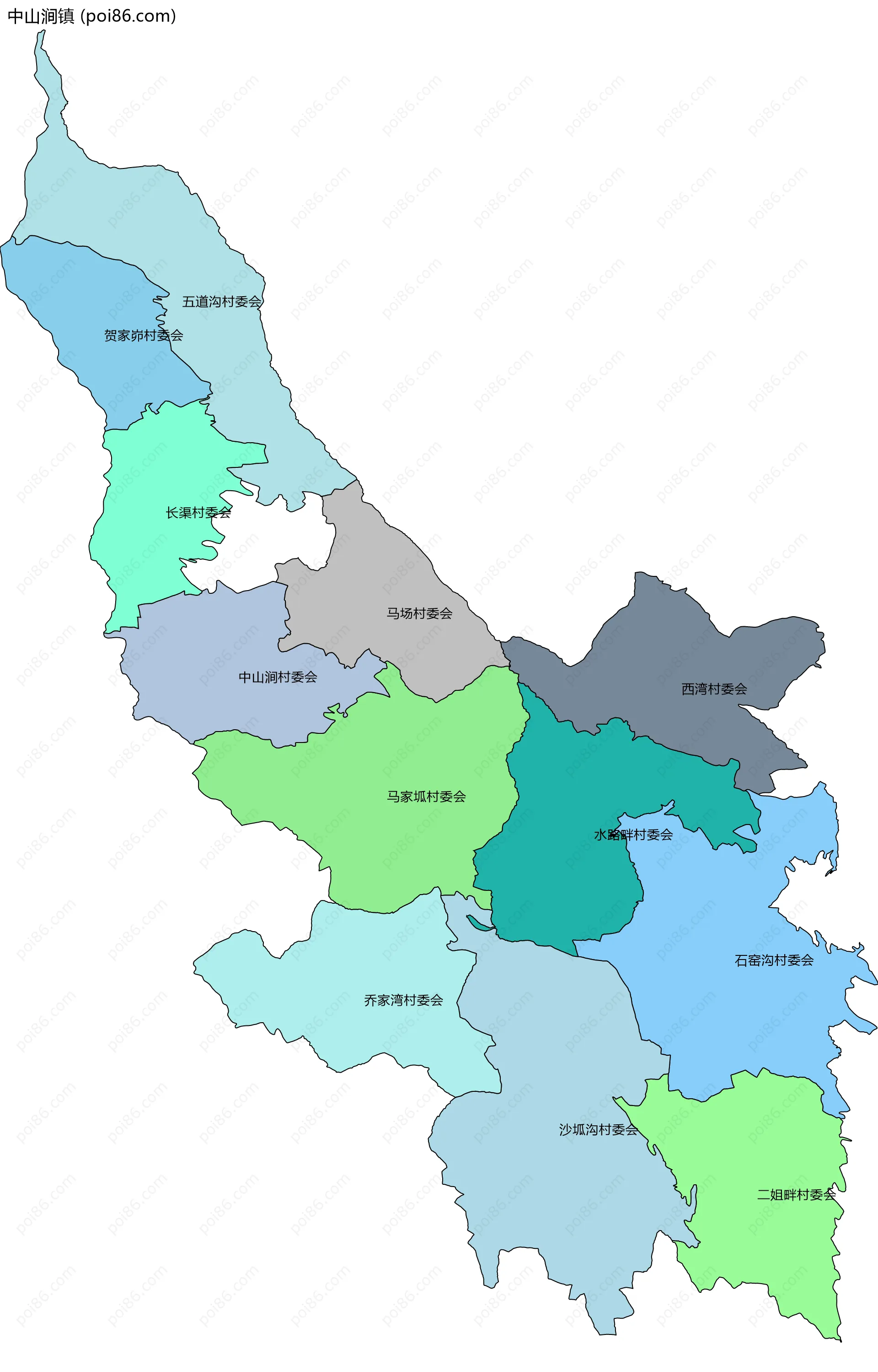 中山涧镇边界地图(五级行政区划)