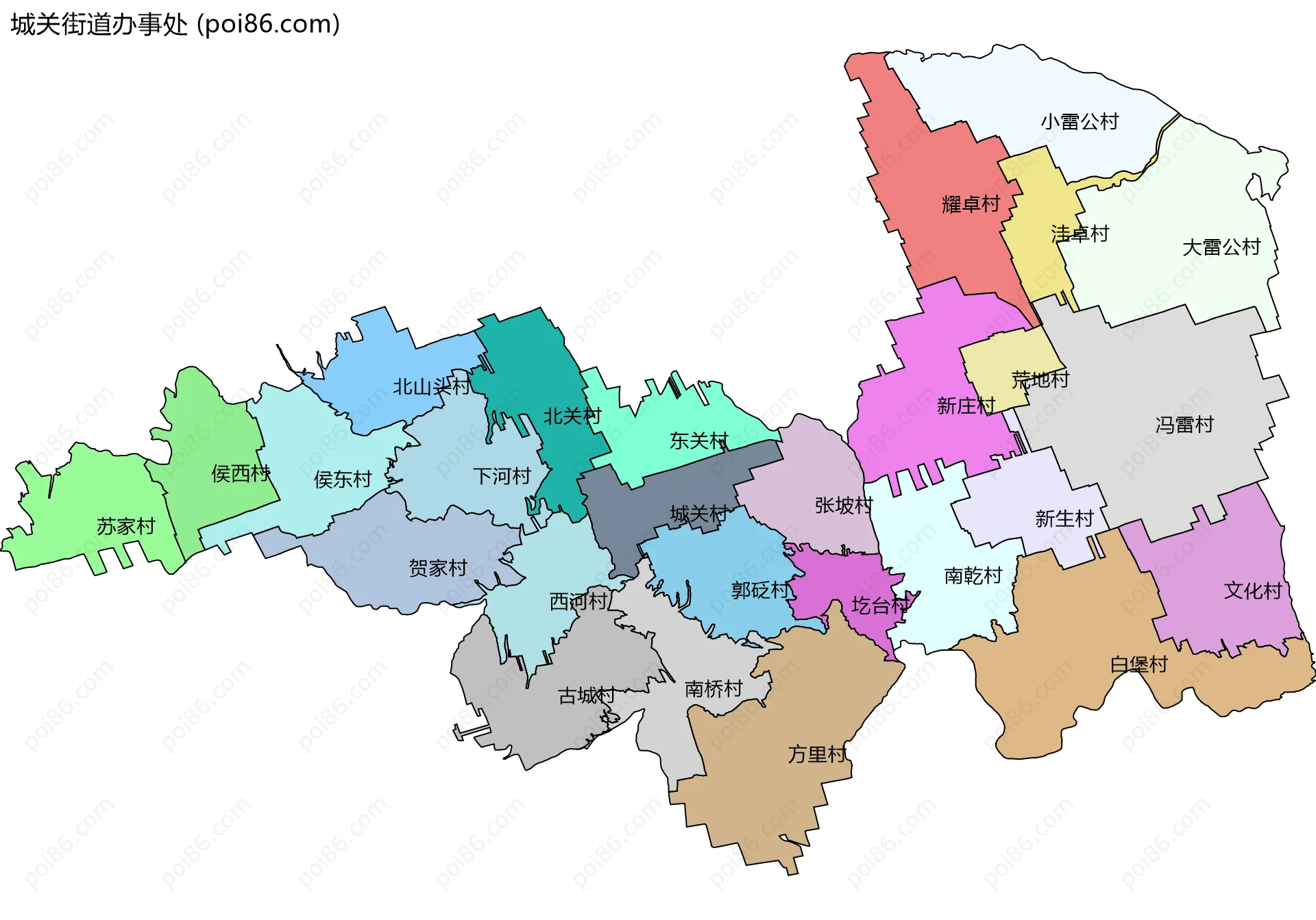 城关街道办事处边界地图(五级行政区划)
