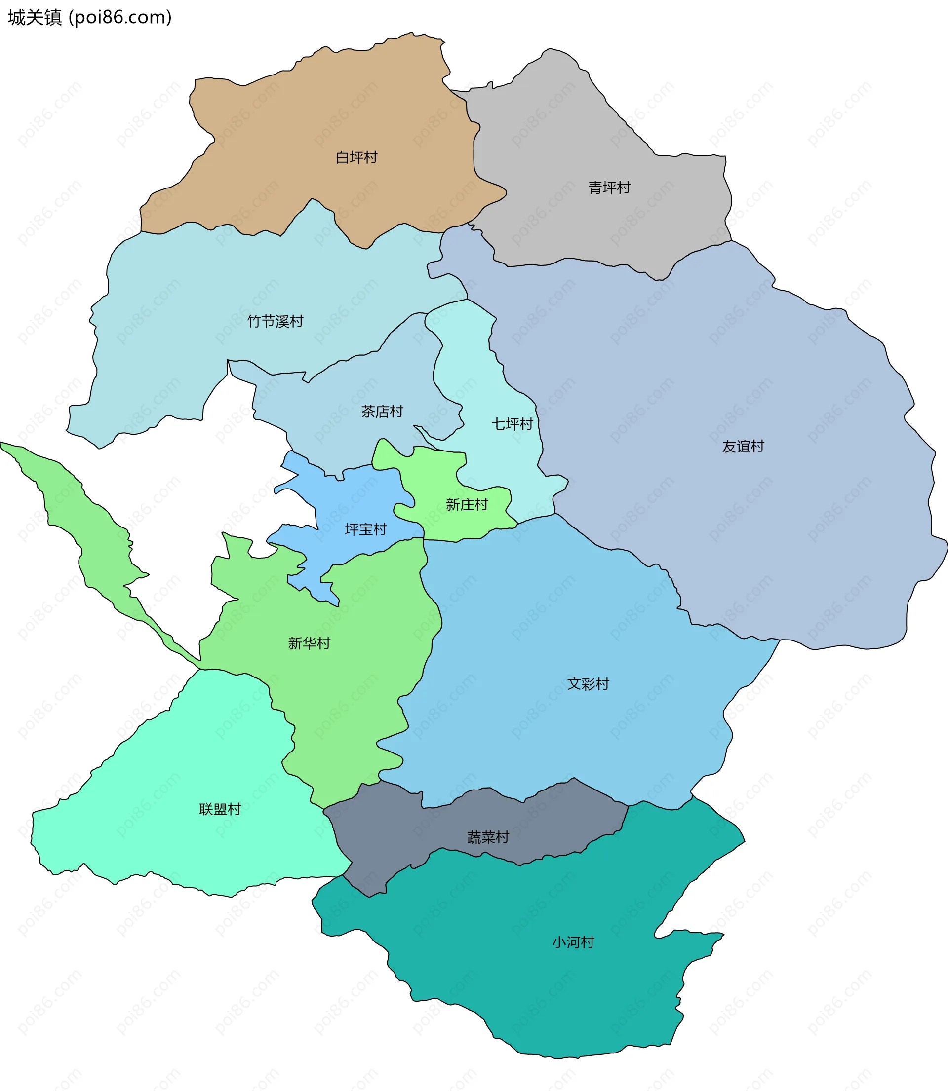 城关镇边界地图(五级行政区划)