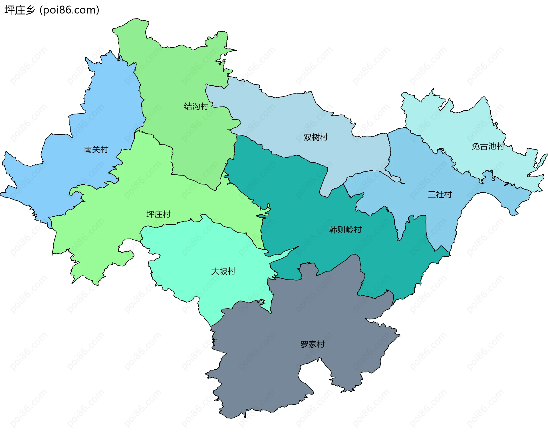 坪庄乡边界地图(五级行政区划)