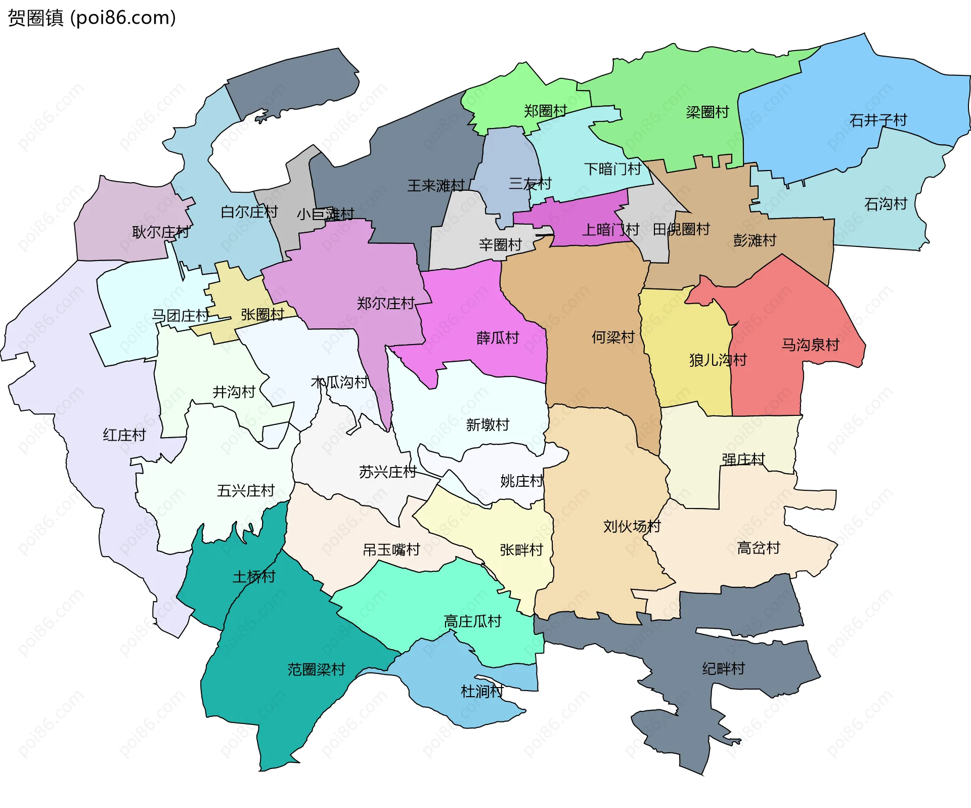 贺圈镇边界地图(五级行政区划)