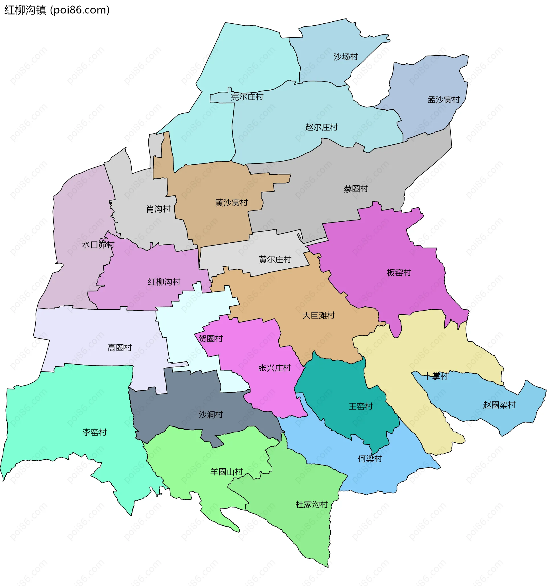 红柳沟镇边界地图(五级行政区划)